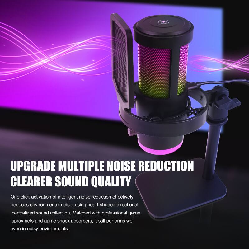 UPGRADE MULTIPLE NOISE REDUCTION  
CLEARER SOUND QUALITY

One click activation of intelligent noise reduction effectively reduces environmental noise, using heart-shaped directional centralized sound collection. Matched with professional game spray nets and game shock absorbers, it still performs well even in noisy environments.