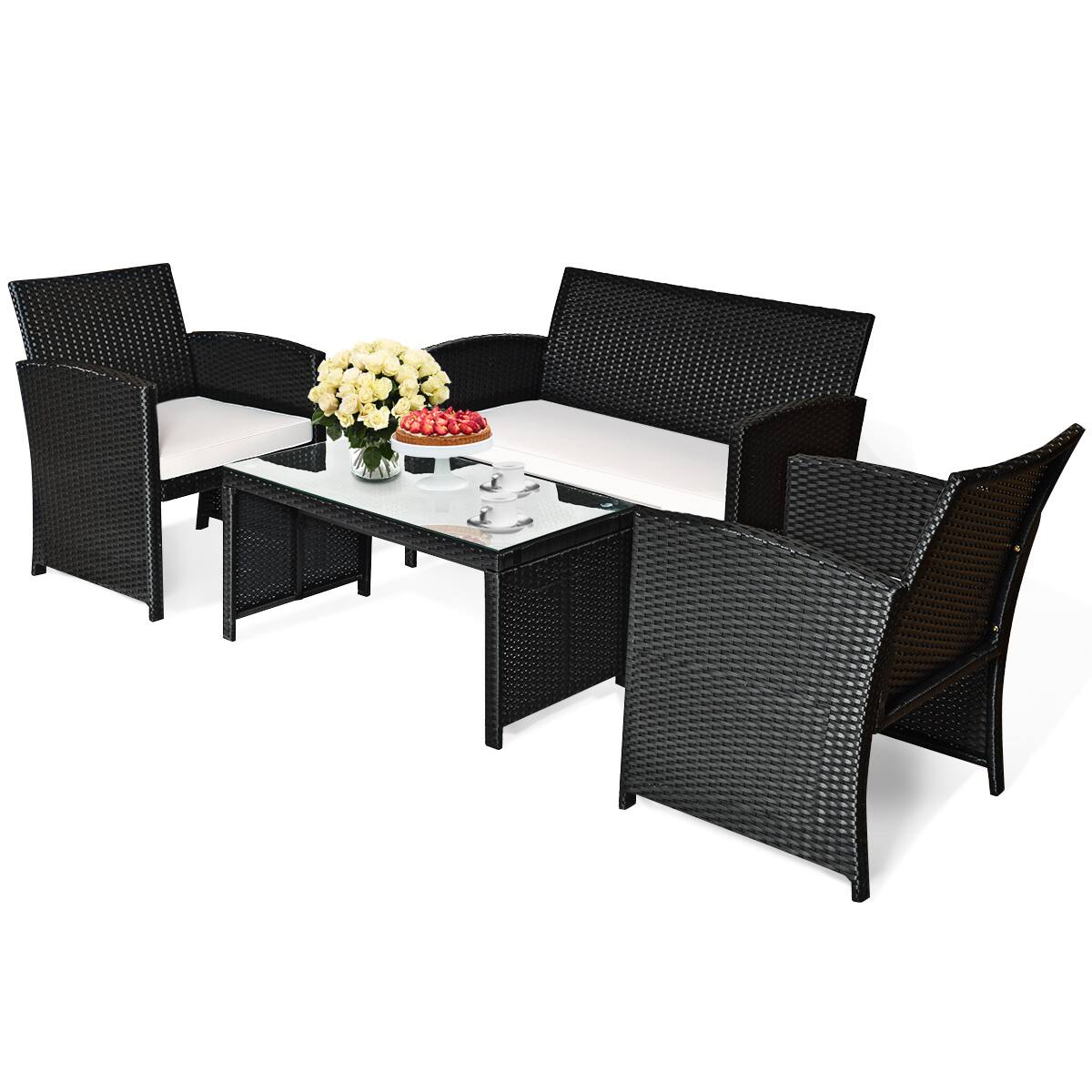 Alt View 5. Gymax - Gymax 4PCS Rattan Patio Conversation Set Outdoor w/ Coffee Table Cushioned Sofa - Black.