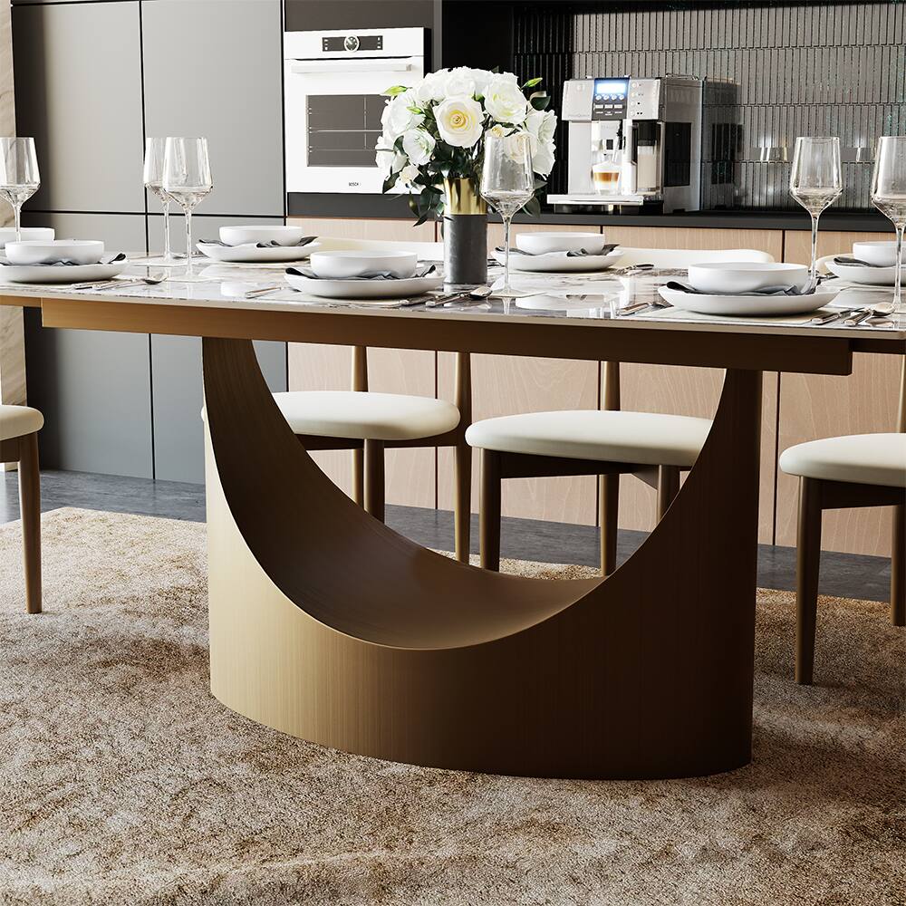 Alt View 1. POVISON - 71"-95"Extendable Modern Gold Dining Table for 6-10, Rectangular Glossy Sintered Stone Tabletop, Bronze Carbon Steel Leg - Pandora Sintered Stone with Bronze.
