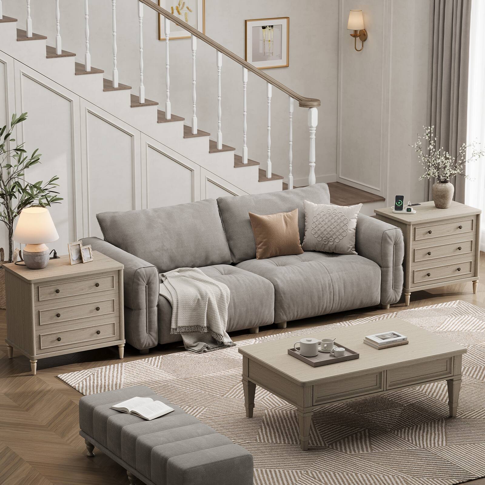 Alt View 1. Bestier - 3 Drawer Farmhouse Nightstand, Mid-Century Fluted Bedside Table with Charging Station - Sunlit Oak.