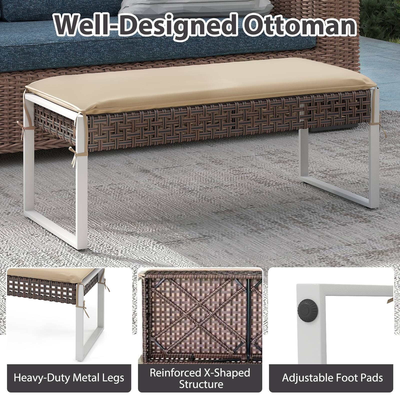 Well-Designed Ottoman

- Heavy-Duty Metal Legs
- Reinforced X-Shaped Structure
- Adjustable Foot Pads