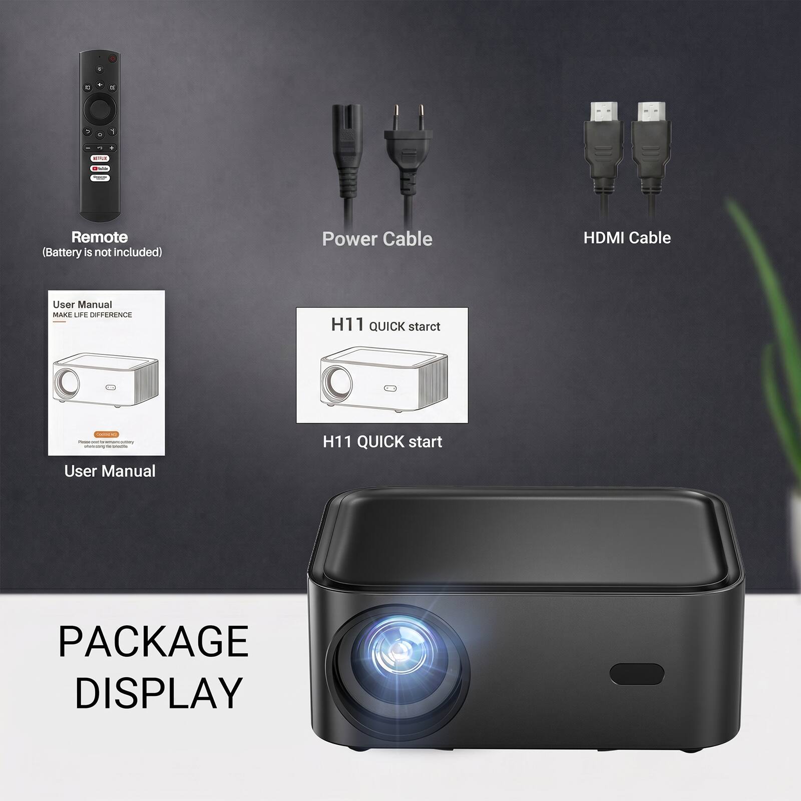 1 - Remote (Battery is not included)  
Power Cable  
HDMI Cable  
User Manual  
MAKE LIFE DIFFERENCE  
H11 QUICK start  
User Manual  
PACKAGE DISPLAY