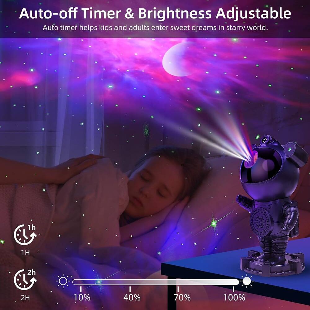 Auto-off Timer & Brightness Adjustable  
Auto timer helps kids and adults enter sweet dreams in starry world.  

1h 1H  
2h 2H  

10% 40% 70% 100%