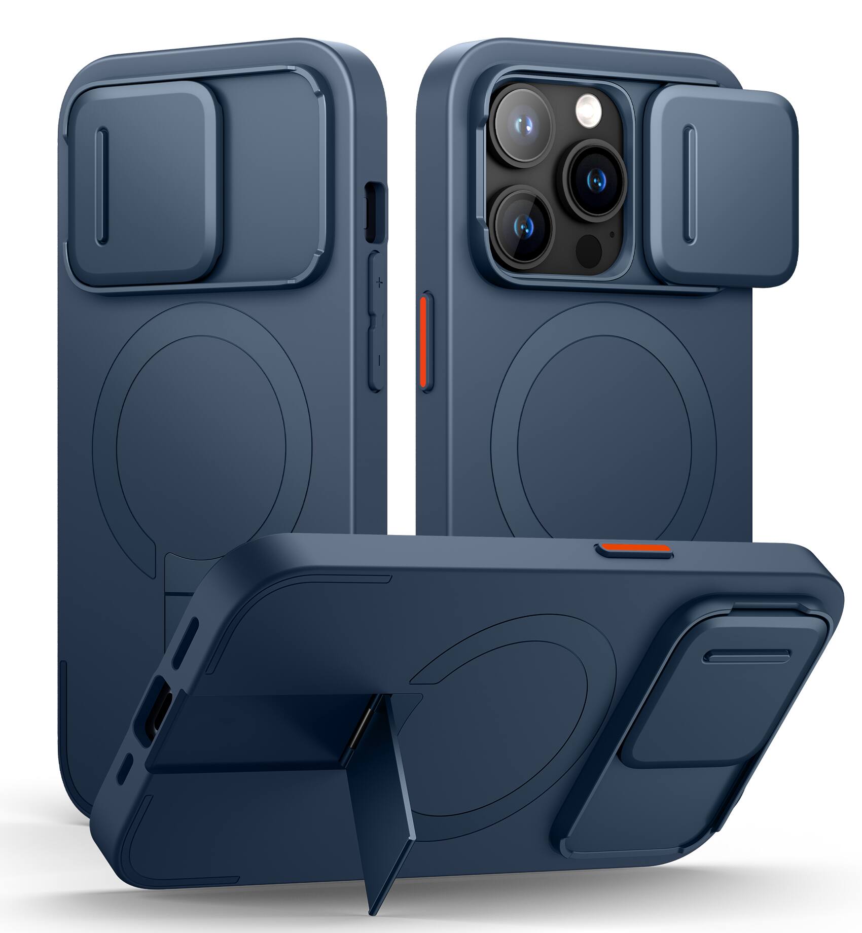 Angle. SURITCH - Bumper Case for iPhone 14 Pro with Camera Cover, Kickstand, Compatible with MagSafe, Shockproof Slim Protective Cover - Deep Blue.