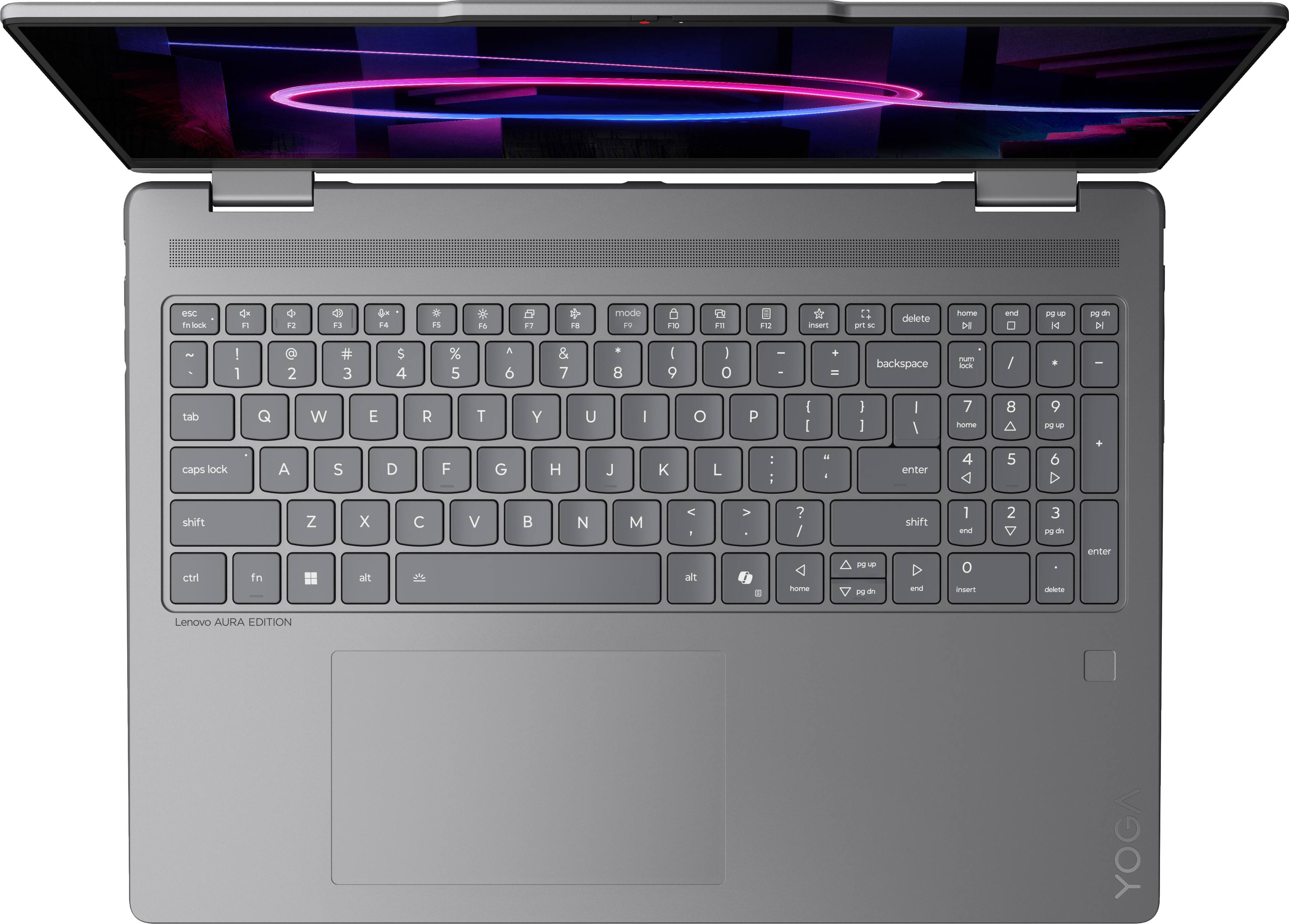OSC Frisok
F1
F2
F3
Ox F4
FA
PO
FB
mode 1-2
F10
-11
F12
insaire
LIFE -
delete
home DI
end
DU  DI
DU on DI
-
! 1
2
3
$ 4
5
6
7
8
I 9
I o
- -
-
backspace
PAZTI know
/
-
tab
w
E
R
T
Y
U
|
o
P
{ [
} ]
/ /
7 nome
8
PG up
caps lock
A
S
D
F
G
H
J
K
L
: :
" -
enter
4
5
6
shift ctrl
fn
Z
X alt
C
V

N
M
alt
? / nome
PM - PO M
shift avai
1 and insort
2
3 PU an delete
enter
Lenovo AURA EDITION
YOGA