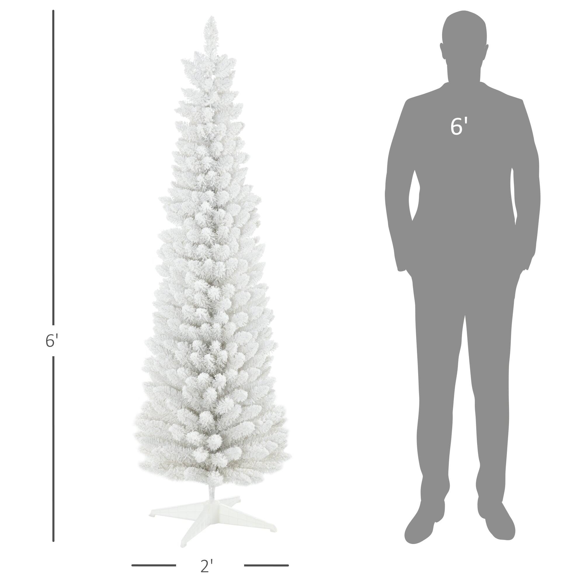 Left. BreeBe - 6 ft Snow Flocked Artificial Pencil Christmas Tree - White.