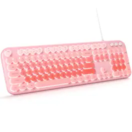 PO3TICJUNKI3 - Computer Wired Plug And Play Usb Retro Round Typewriter Full Size With Foldable Stands For Laptop Office Pc - LED Backlit- Pink