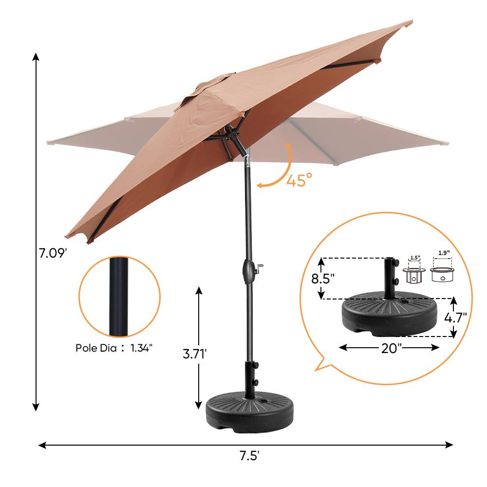 45, 7.09', 8.5", 1.5", 1.9", 4.7", Pole Dia: 1.34", 3.71', 20", 7.5'