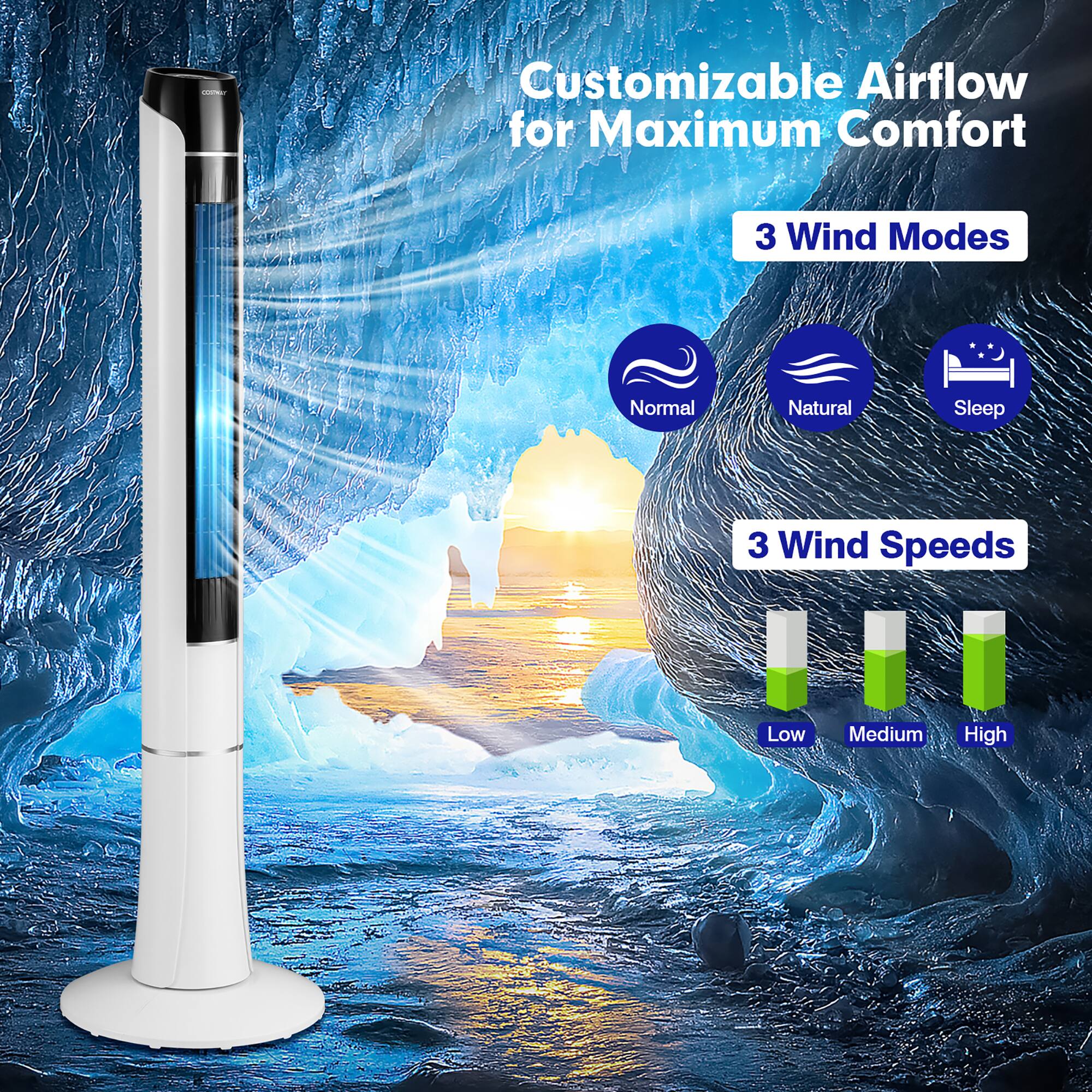 Customizable Airflow for Maximum Comfort 3 Wind Modes: Normal, Natural, Sleep 3 Wind Speeds: Low, Medium, High
