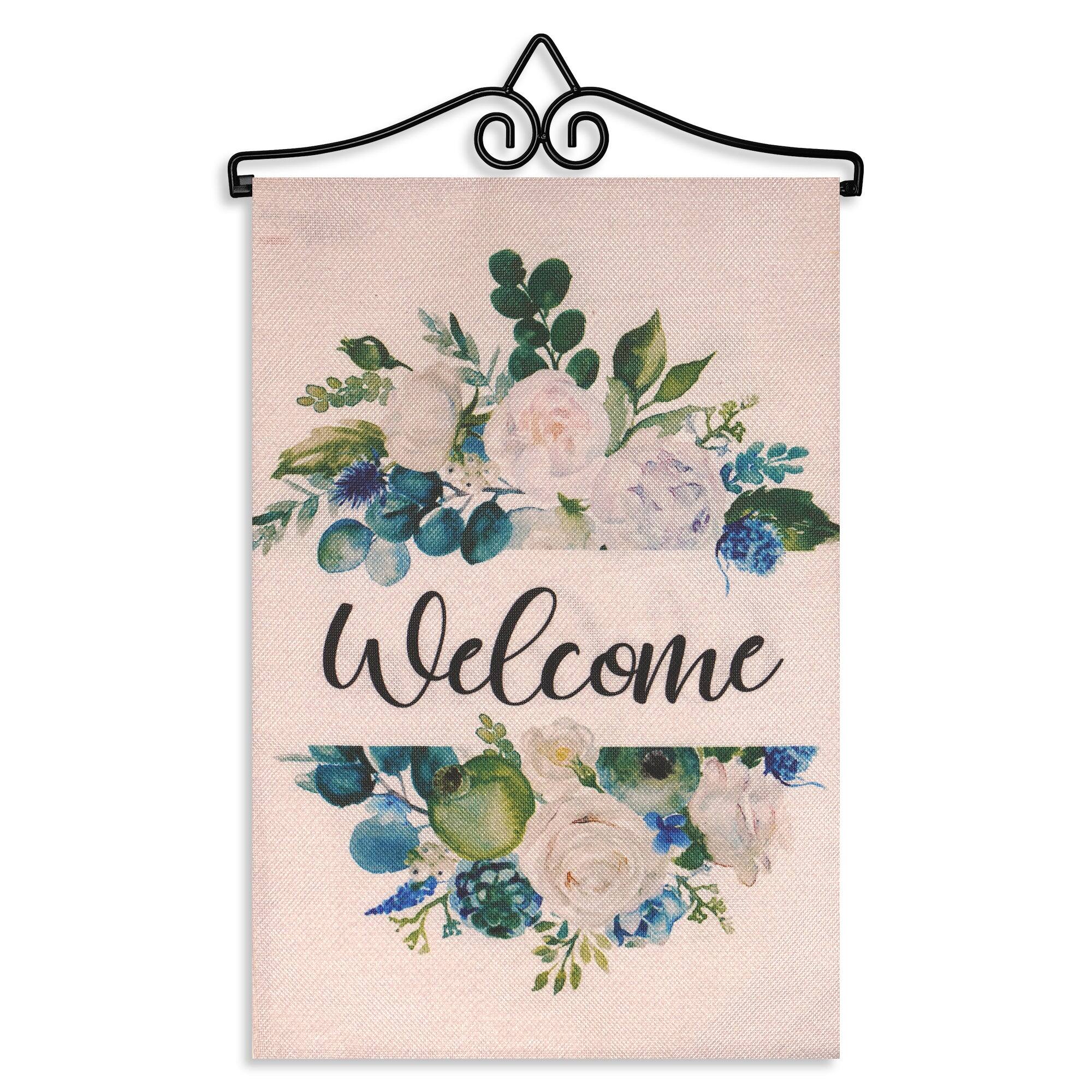 Front. G128 - Garden Flag Hanger 14.2 in with 12x18 in Double-Sided Burlap Welcome Floral Flag. - Pink.