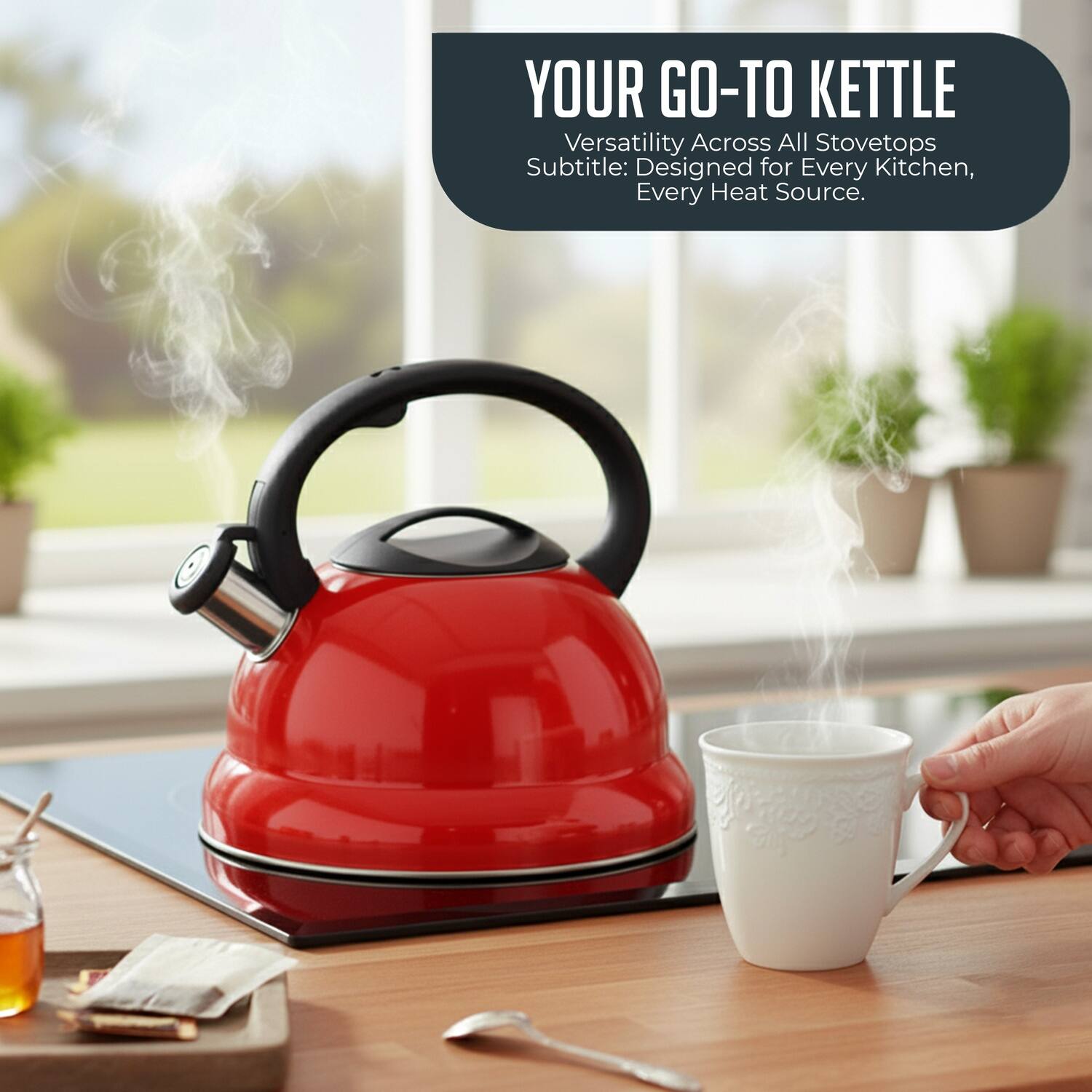 YOUR GO-TO KETTLE  
Versatility Across All Stovetops  
Subtitle: Designed for Every Kitchen, Every Heat Source.