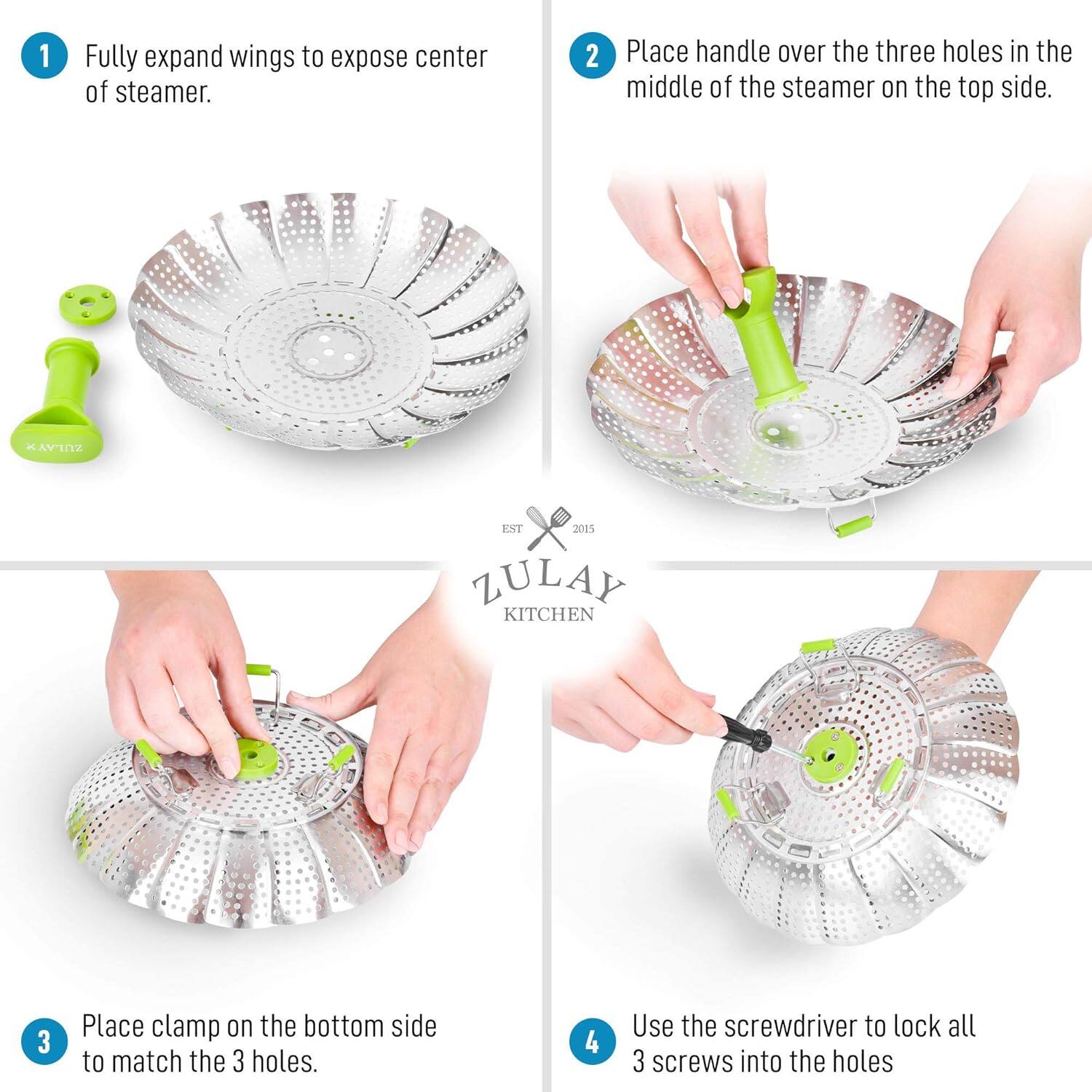 1. Fully expand wings to expose center of steamer.

2. Place handle over the three holes in the middle of the steamer on the top side.

3. Place clamp on the bottom side to match the 3 holes.

4. Use the screwdriver to lock all 3 screws into the holes.
