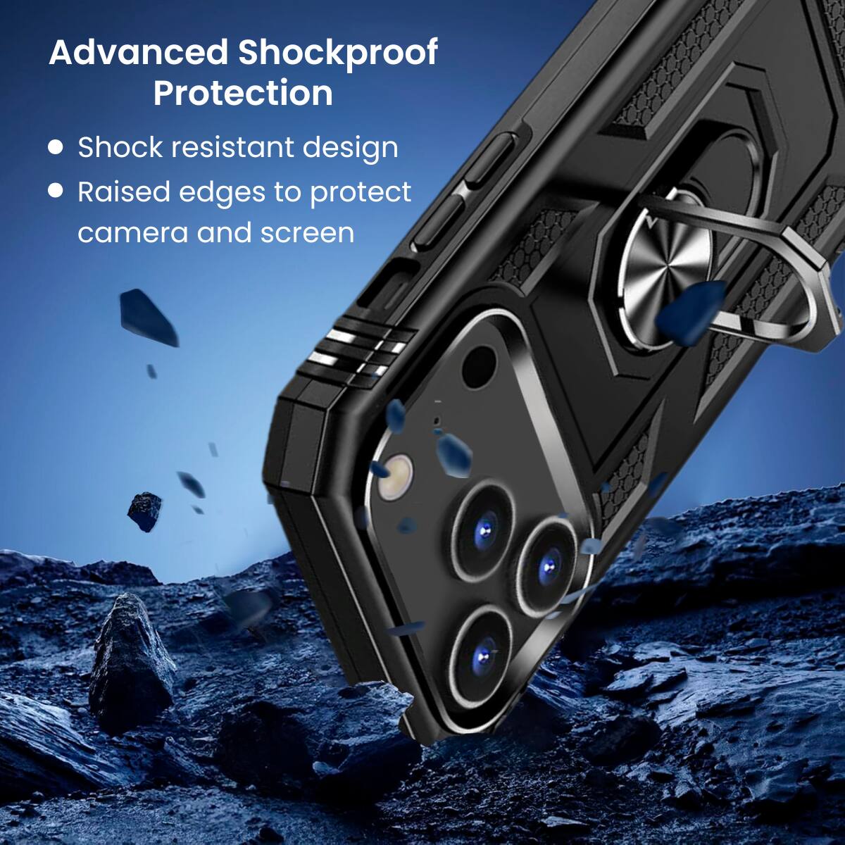 Advanced Shockproof Protection

- Shock resistant design
- Raised edges to protect camera and screen