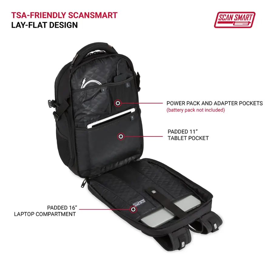 TSA-Friendly ScanSmart Lay-Flat Design:

* Power Pack and Adapter Pockets (battery pack not included)
* Padded 11" Tablet Pocket
* Padded 16" Laptop Compartment
* ScanSmart NYOS CVRS
