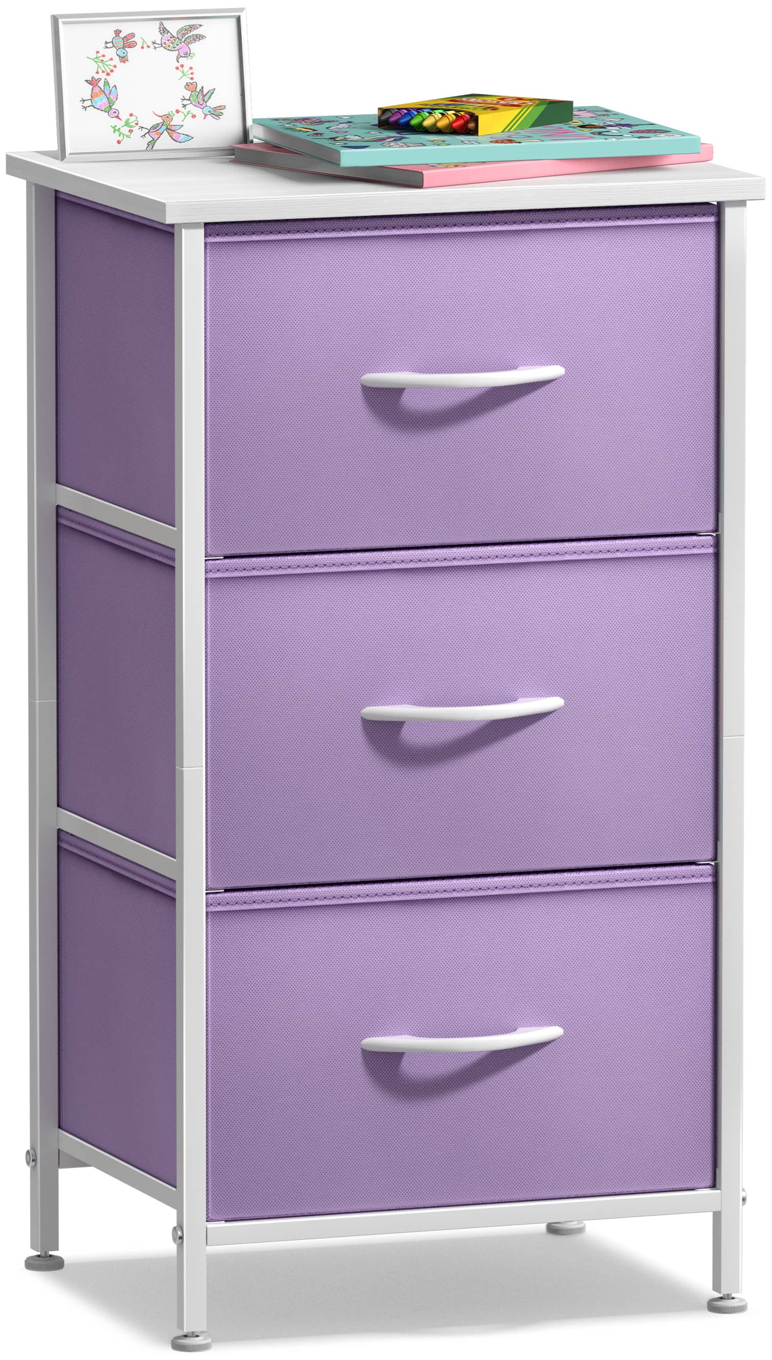 Front. Sorbus - Sorbus Nightstand with 3 Drawers, Bedside Furniture & Night Stand Dresser with Steel Frame, Wood Top, Fabric Bins - Purple.