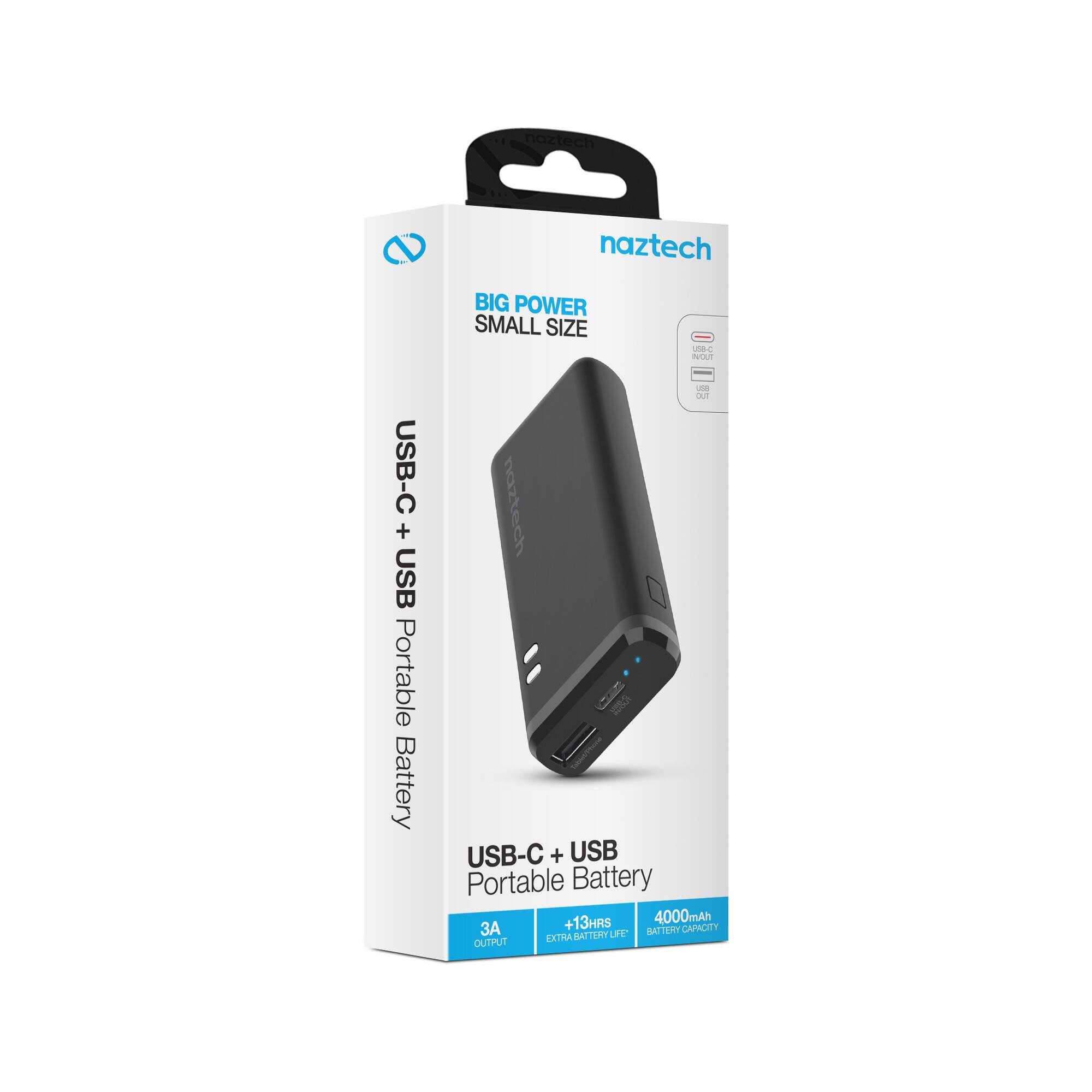 naztech BIG POWER SMALL SIZE USB-C + USB Portable Battery +13HRS + 4000mAh BATTERY CAPACITY EXTRA BATTERY LIFE OUTPUT