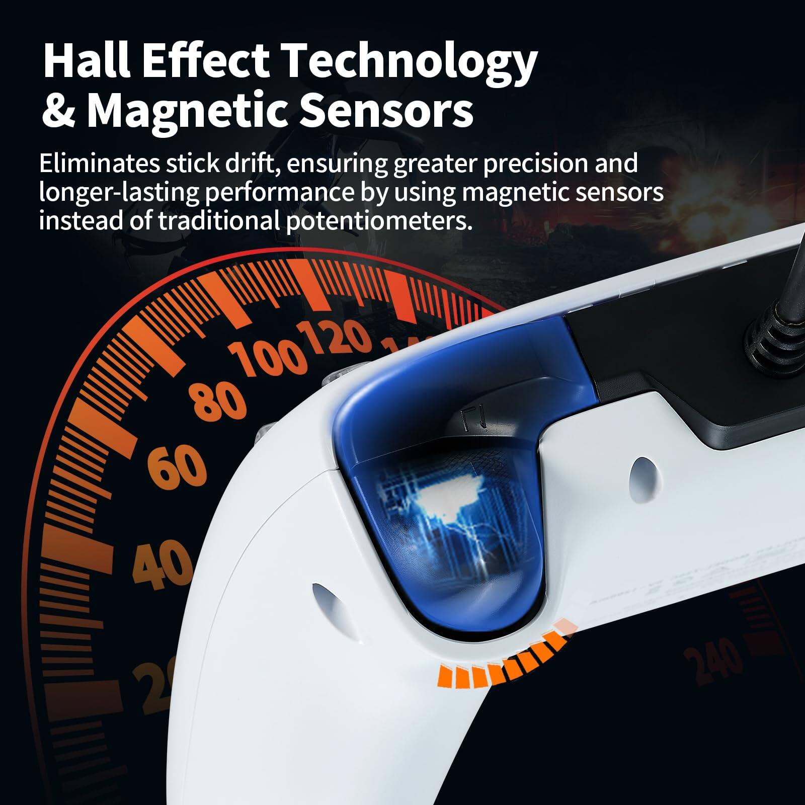 Hall Effect Technology & Magnetic Sensors

Eliminates stick drift, ensuring greater precision and longer-lasting performance by using magnetic sensors instead of traditional potentiometers.