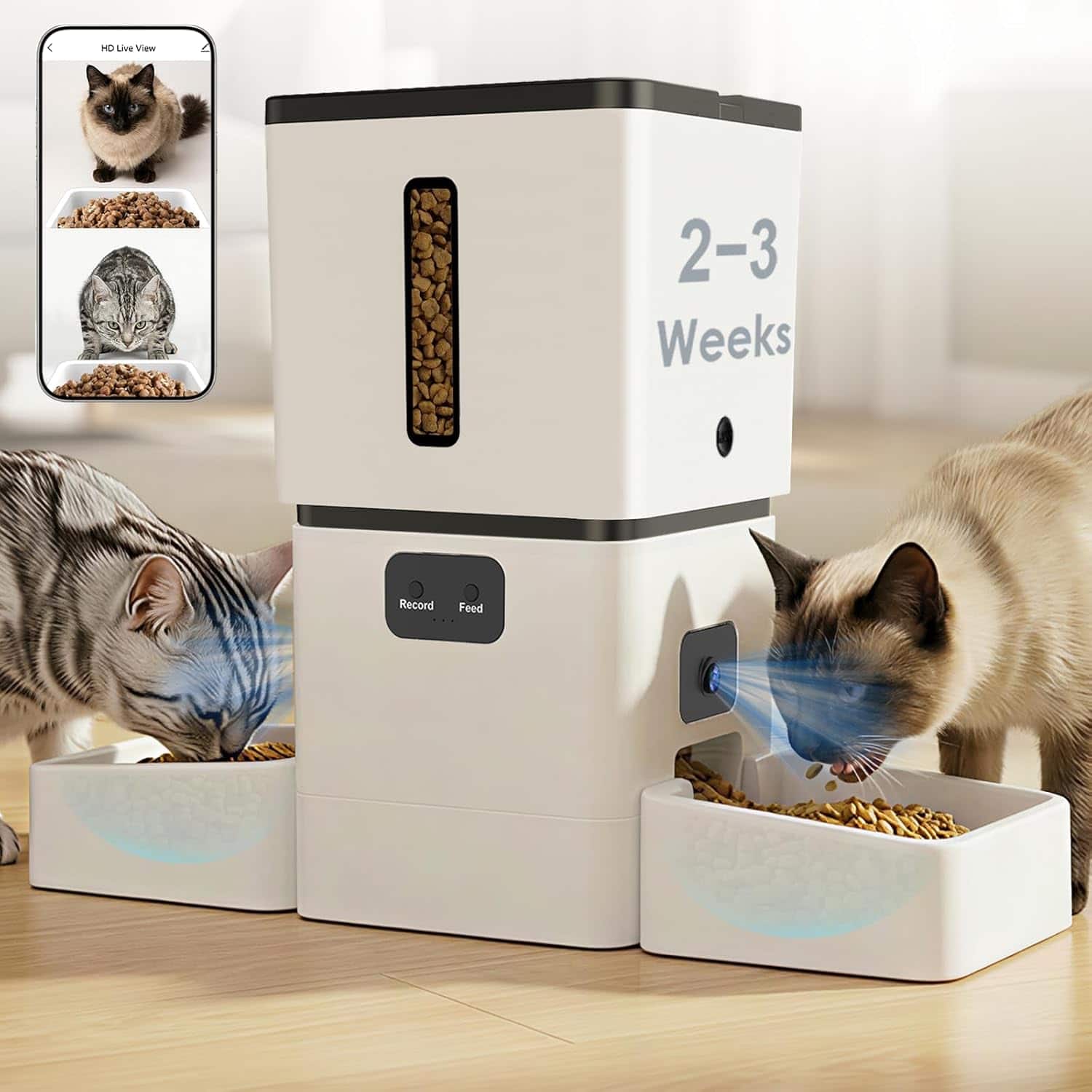 PRIMEPLUS - Automatic Cat Feeder for 2 Cats - Dual HD Cameras, 5GHz WiFi, 8L Capacity with Dual Bowls, Night Vision, App Control - White