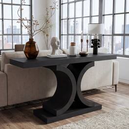 Loheer - Console Table, 60 Inch Modern Narrow Sofa Table with Sculptural Curved Base, Oak Entryway Table - Black