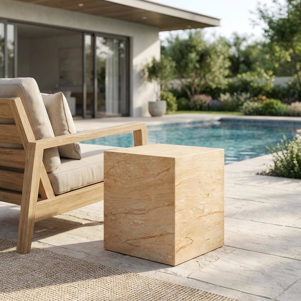Left. Outdoor Escape - Square Concrete Side Table For Indoor And Outdoor Use With Modern Design - Gray.