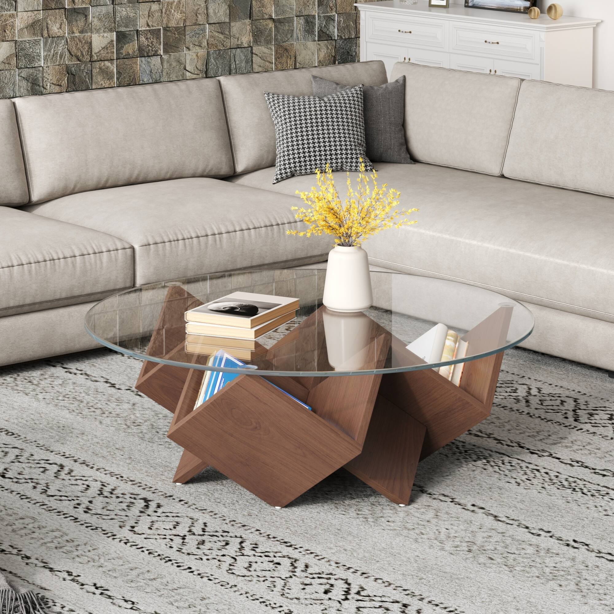 Left. GOODSILO - Round Coffee Table with Tempered Glass Top and Geometric Art Deco Style Storage Base - Walnut.