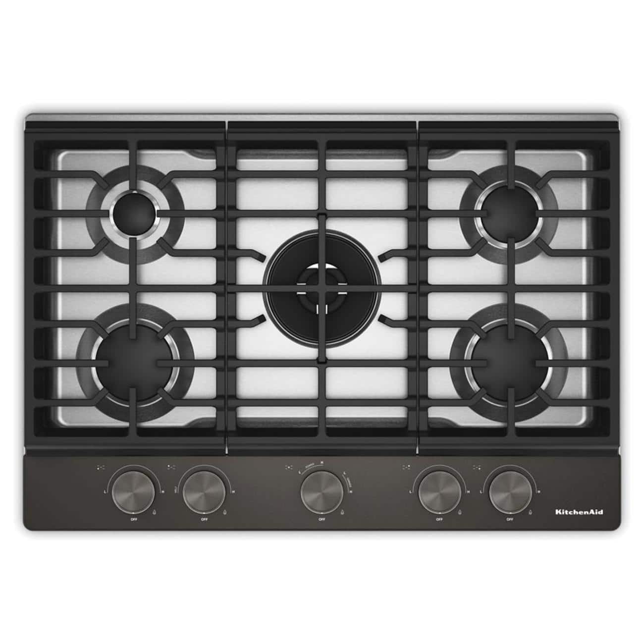 Front. KitchenAid - 30 in. Wide 5 burners Gas Cooktop with Integrated Wok Grate - Black Ore.