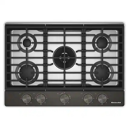 Front. KitchenAid - 30 in. Wide 5 burners Gas Cooktop with Integrated Wok Grate - Black Ore.