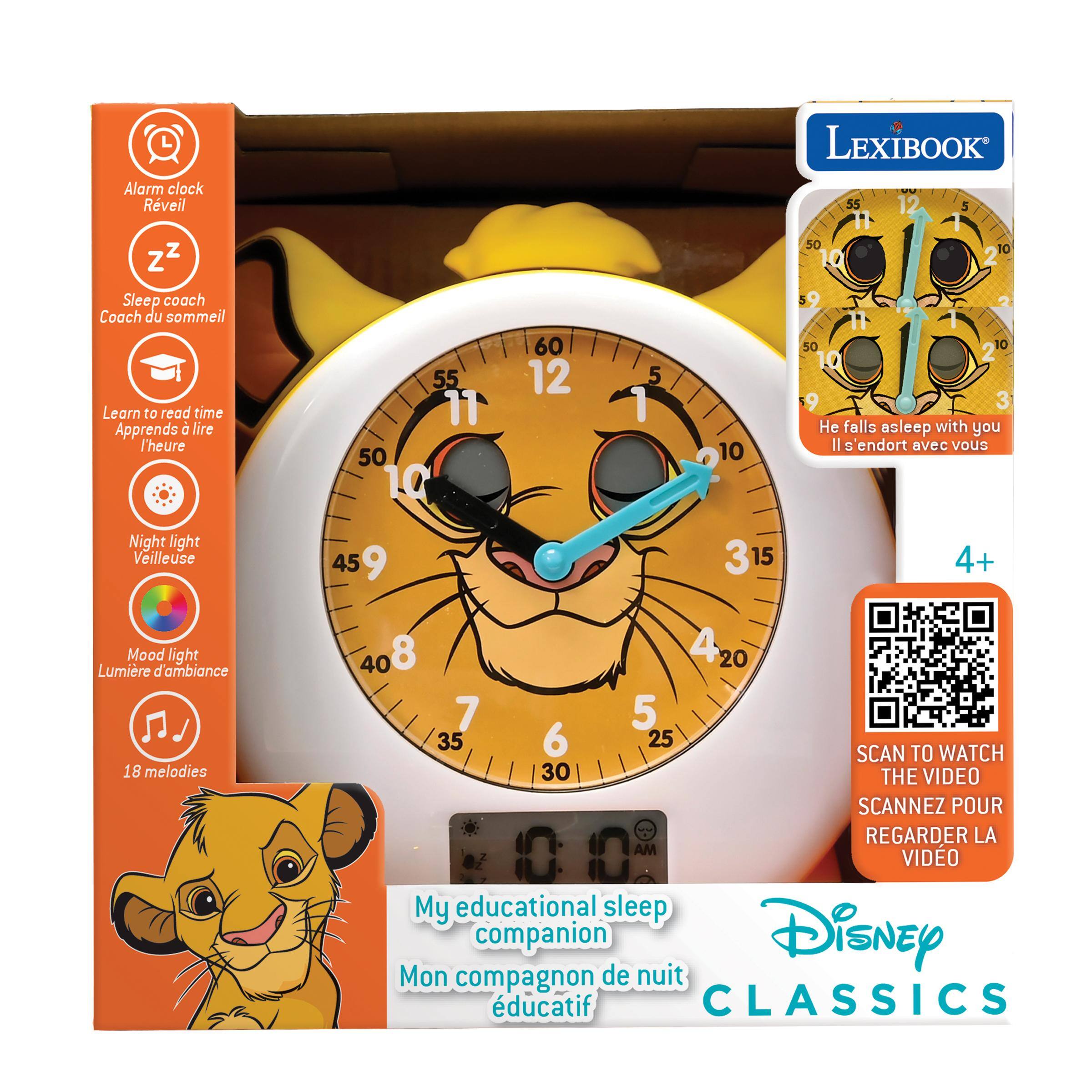Alarm clock Rveil  
Sleep coach Coach du sommeil  
Learn to read time Apprends à lire l'heure  
Night light Veilleuse  
Mood light Lumière d'ambiance  
18 melodies  
He falls asleep with you Il s'endort avec vous  
My educational sleep companion Disney Mon compagnon de nuit éducatif  
CLASSICS