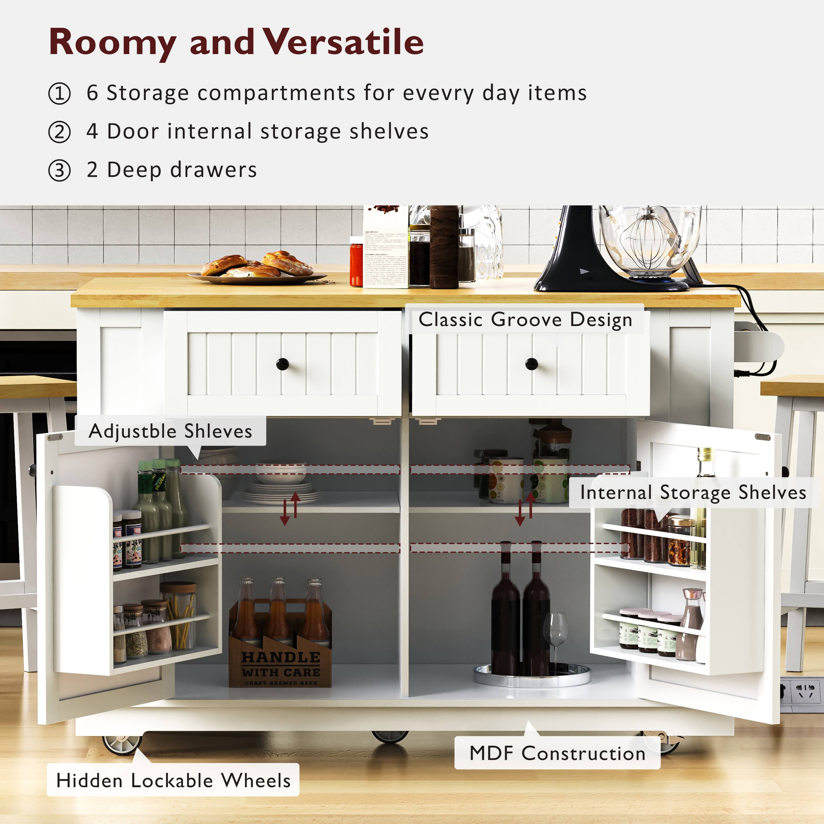 Roomy and Versatile

1. 6 Storage compartments for everyday items
2. 4 Door internal storage shelves
3. 2 Deep drawers

Classic Groove Design

Adjustable Shelves

Internal Storage Shelves

Hidden Lockable Wheels

MDF Construction

HANDLE WITH CARE