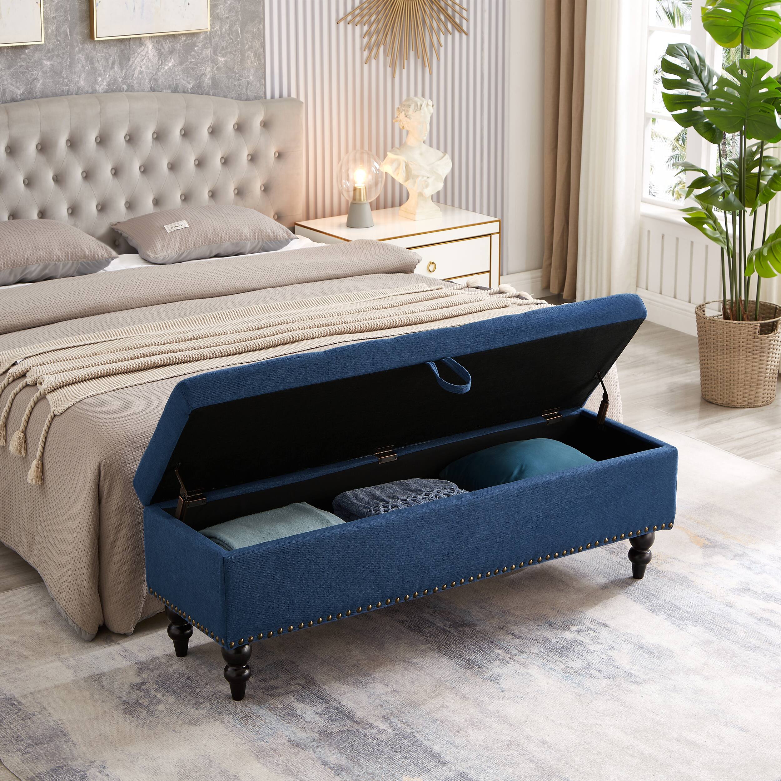 Left. Ropilly - Ropilly 59 Inch Blue Fabric Storage Bench Button Tufted End of Bed Ottoman - Blue.