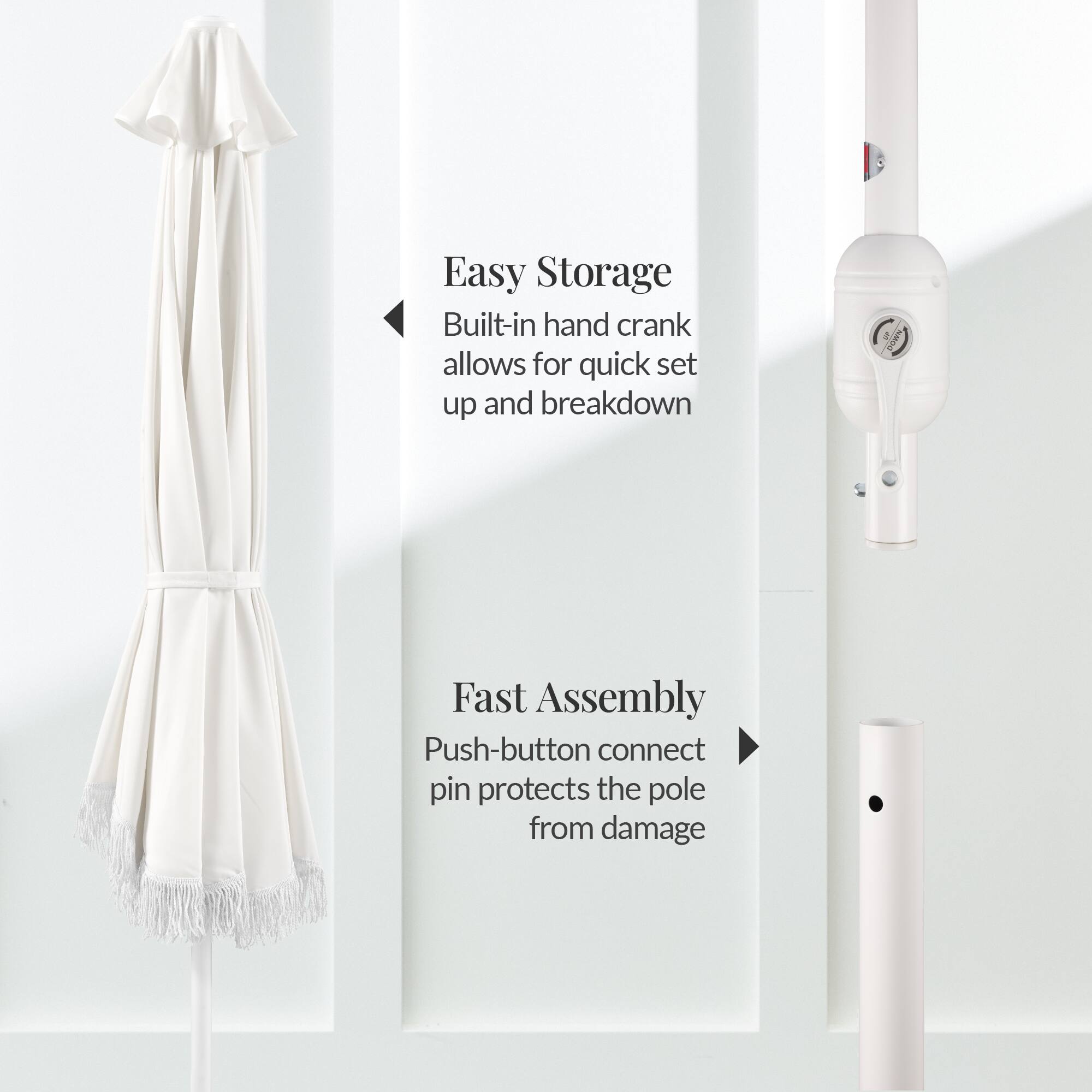 Easy Storage  
Built-in hand crank allows for quick set up and breakdown  

Fast Assembly  
Push-button connect pin protects the pole from damage