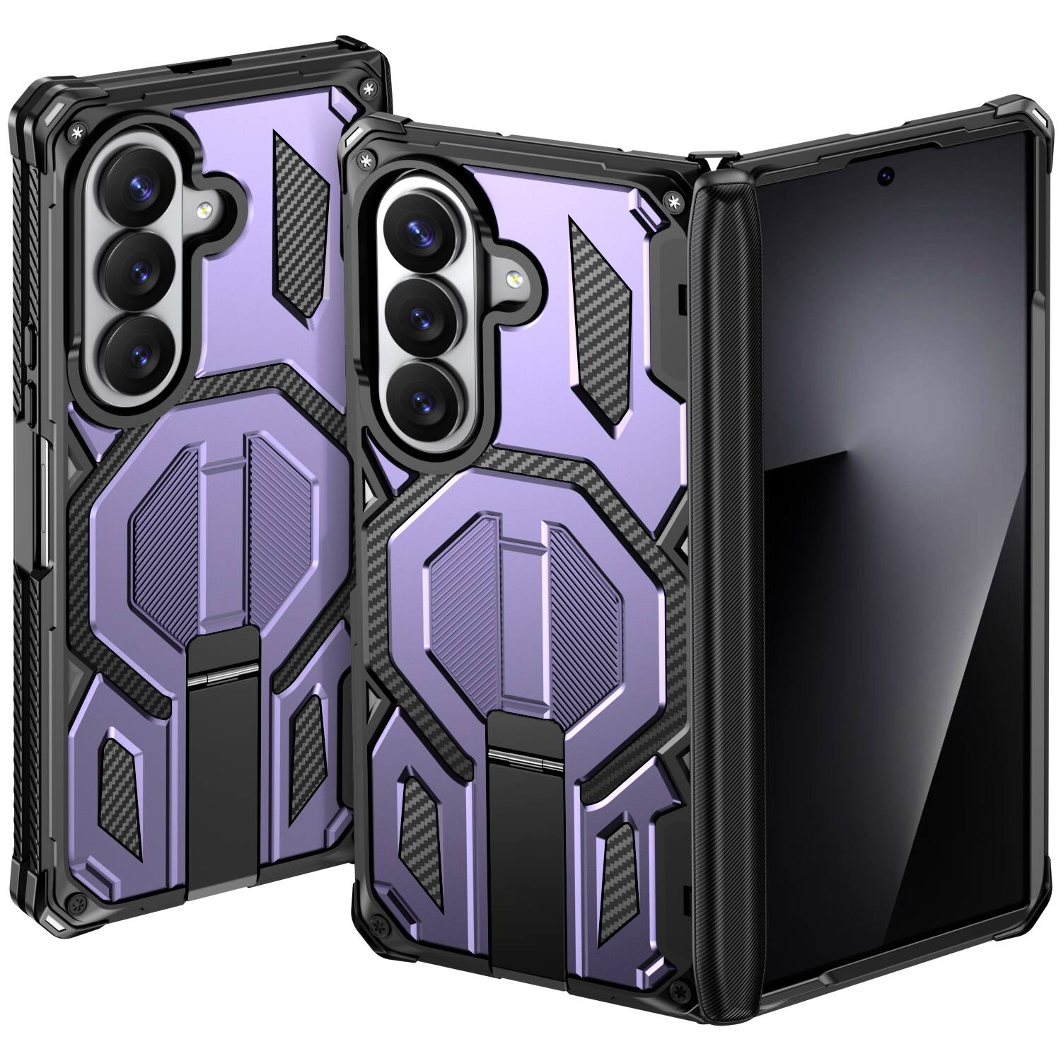 Angle. Dteck - Heavy Duty Rugged Magnetic Case For Samsung Galaxy Z Fold 7, Foldable Kickstand Shockproof Hinge Protection Cover - Purple.