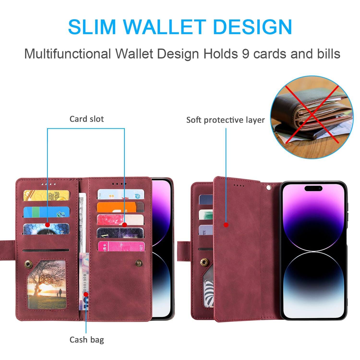 SLIM WALLET DESIGN  
Multifunctional Wallet Design Holds 9 cards and bills  
Card slot  
Soft protective layer  
Cash bag