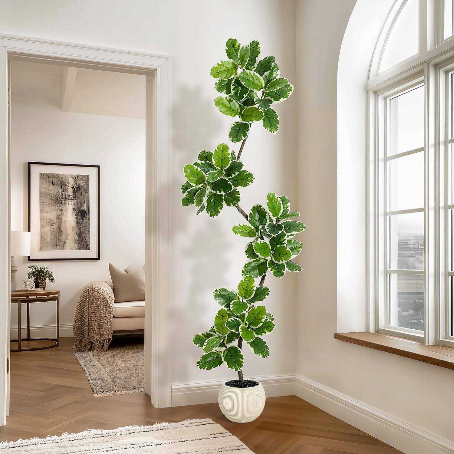 Alt View 5. Homhougo - Fiddle Leaf Fig Tree Artificial Indoor, 7 ft Tall Faux Rubber Tree with Sphere Planter, Tall Artificial Plants with - Green.