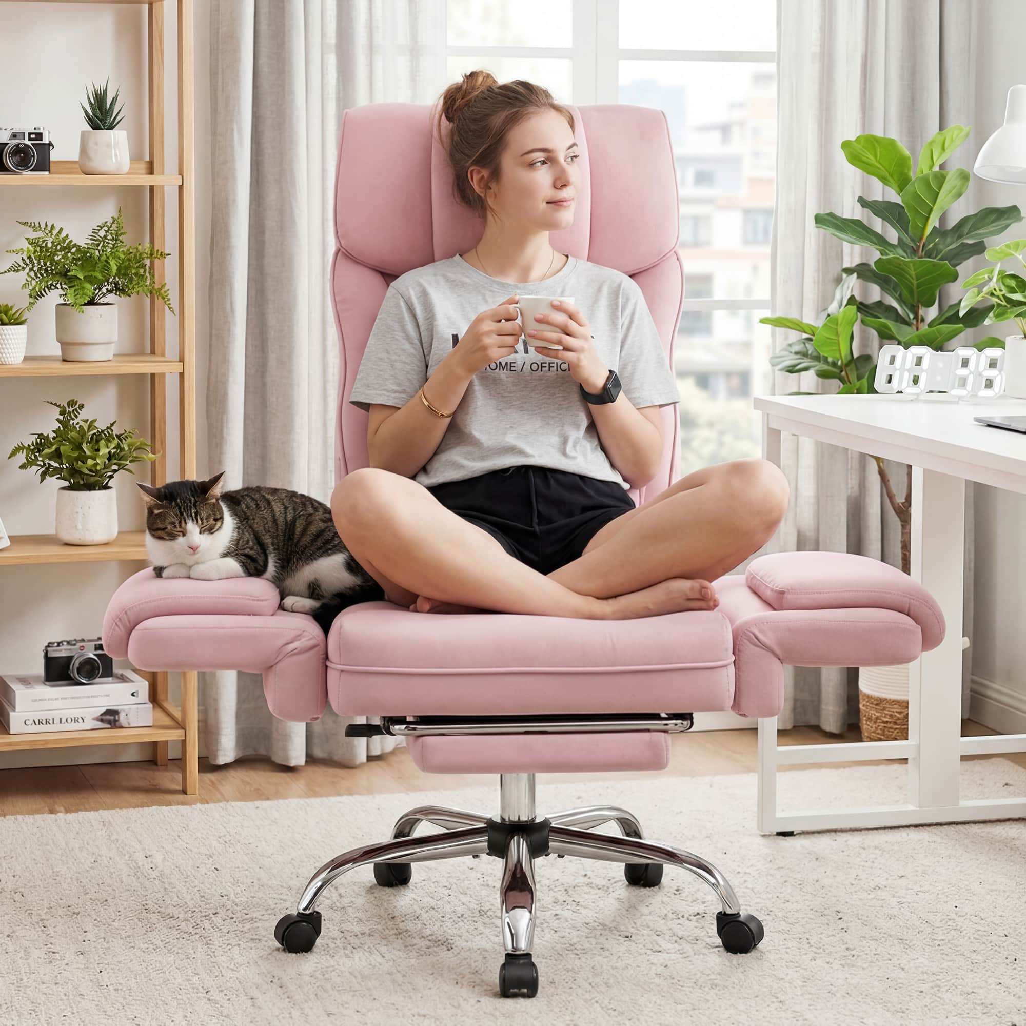 KERDOM - Ergonomic Big Home Office Chair with Expandable Arms, Velvet High Back Exceutive Manager Chair with Footrest Wide Seat - Pink