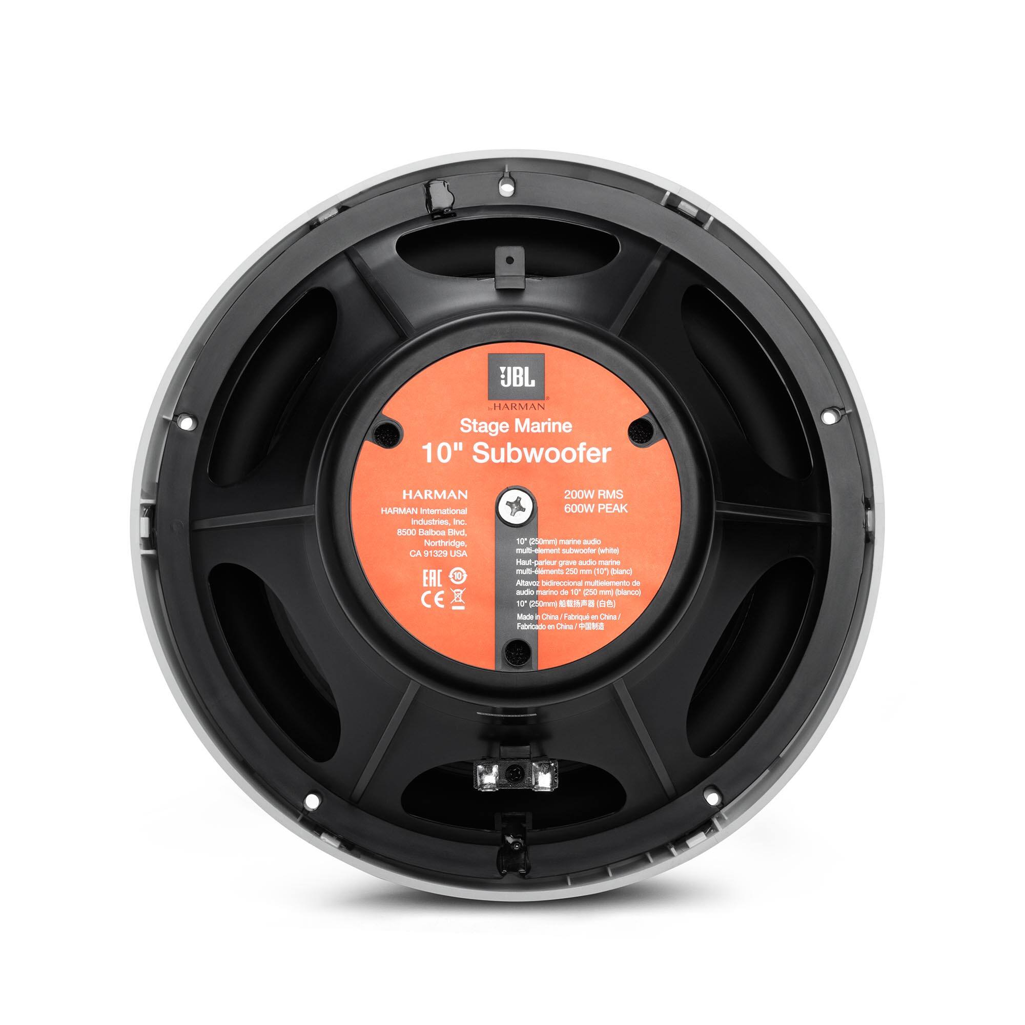 UBL HARMAN Stage Marine 10" Subwoofer  
HARMAN International Industries, Inc.  
8500 Balboa Blvd.  
Northridge, CA 91329 USA  
EAC CE  
200W RMS  
600W PEAK  
10" (250mm)  
Made in China  
Fabricado en China