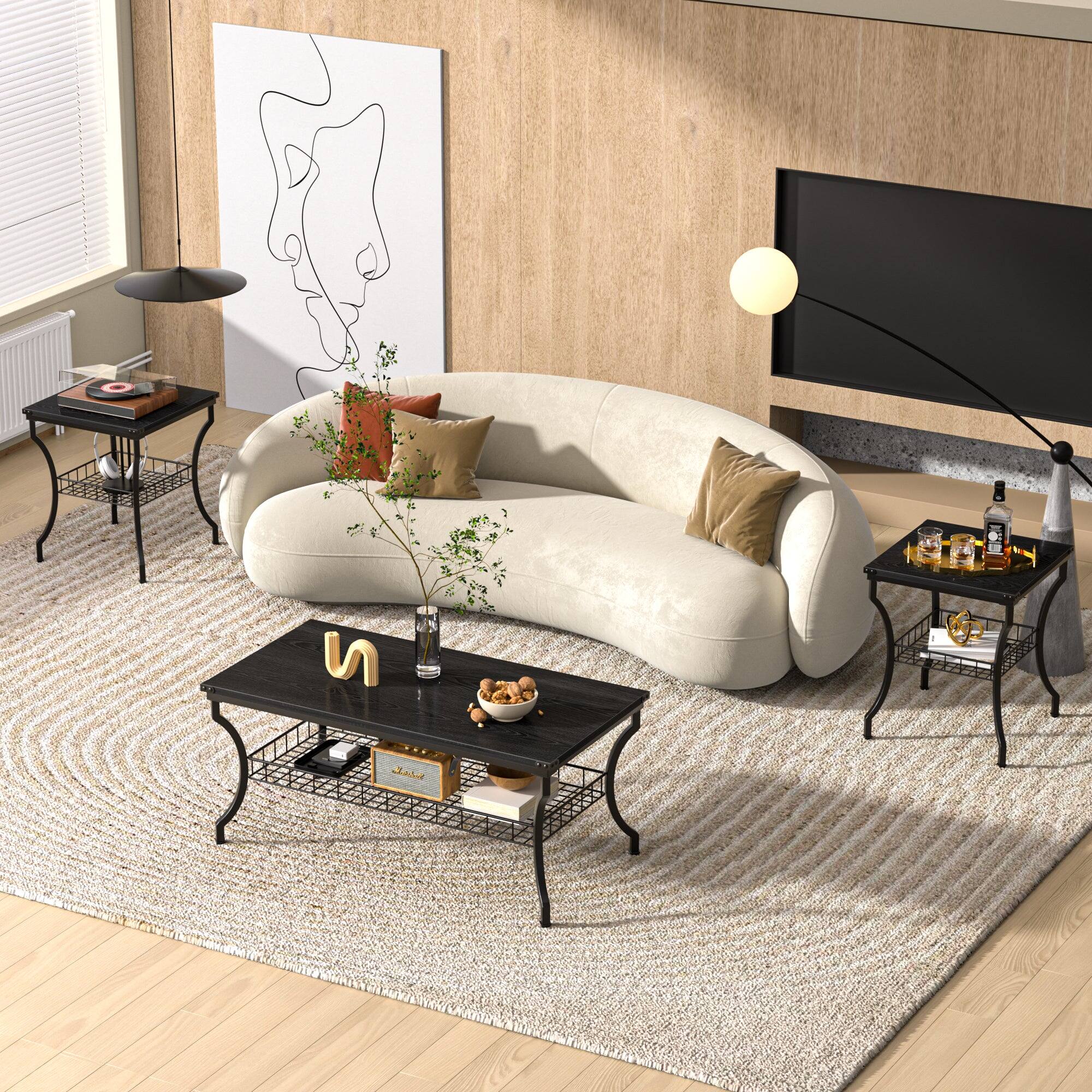 Alt View 2. Vecelo - 3-Piece Coffee Table Set with Storage Shelf, Industrial Living Room Tables, Durable MDF & Metal Frame - Black.