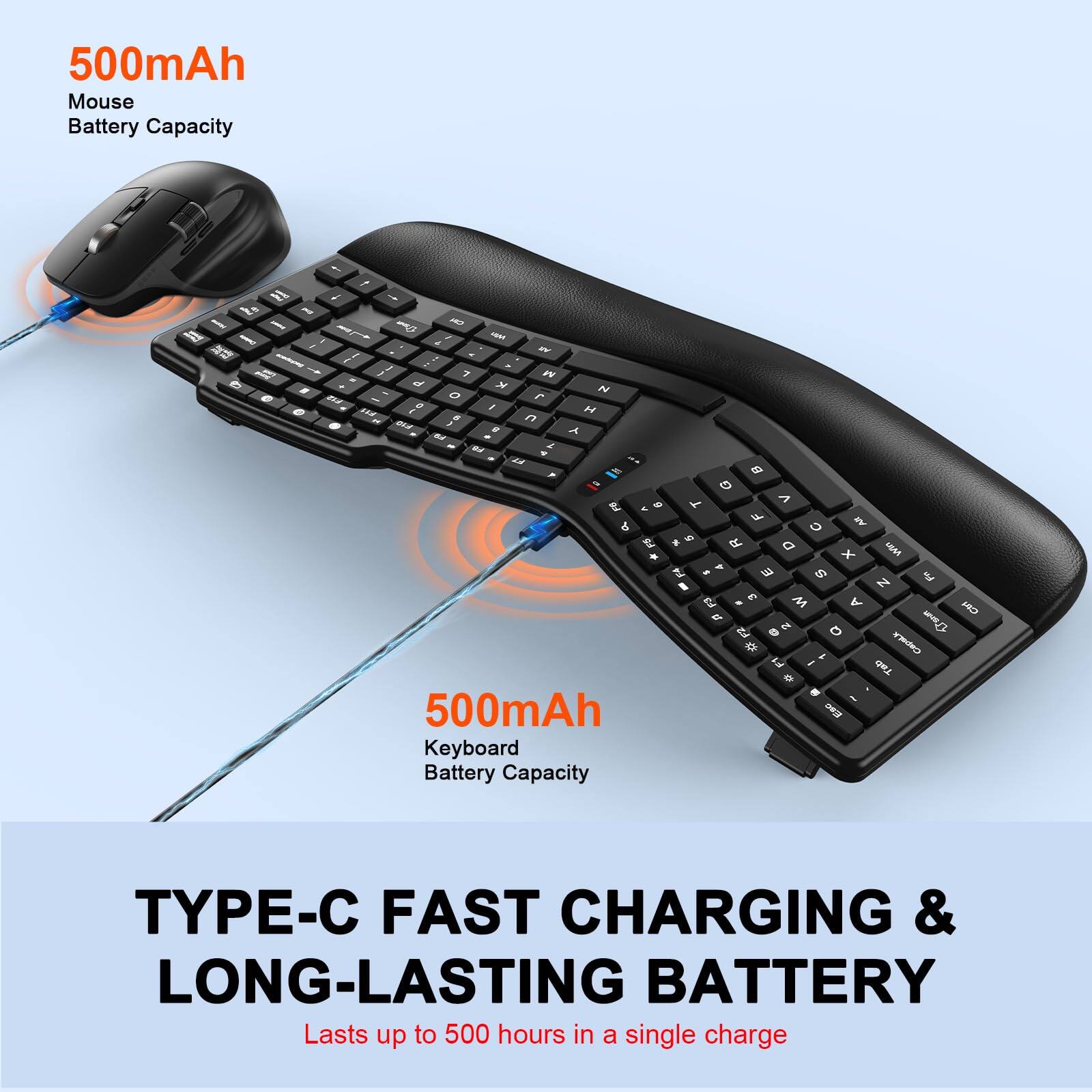 500mAh Mouse Battery Capacity

500mAh Keyboard Battery Capacity

TYPE-C FAST CHARGING & LONG-LASTING BATTERY
Lasts up to 500 hours in a single charge