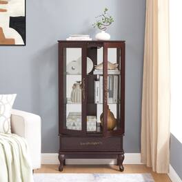 LUCKY ONE - Freestanding Curio Display Cabinet with Glass Shelves Drawer and LED Light Sideboard for Collectibles - Cherry