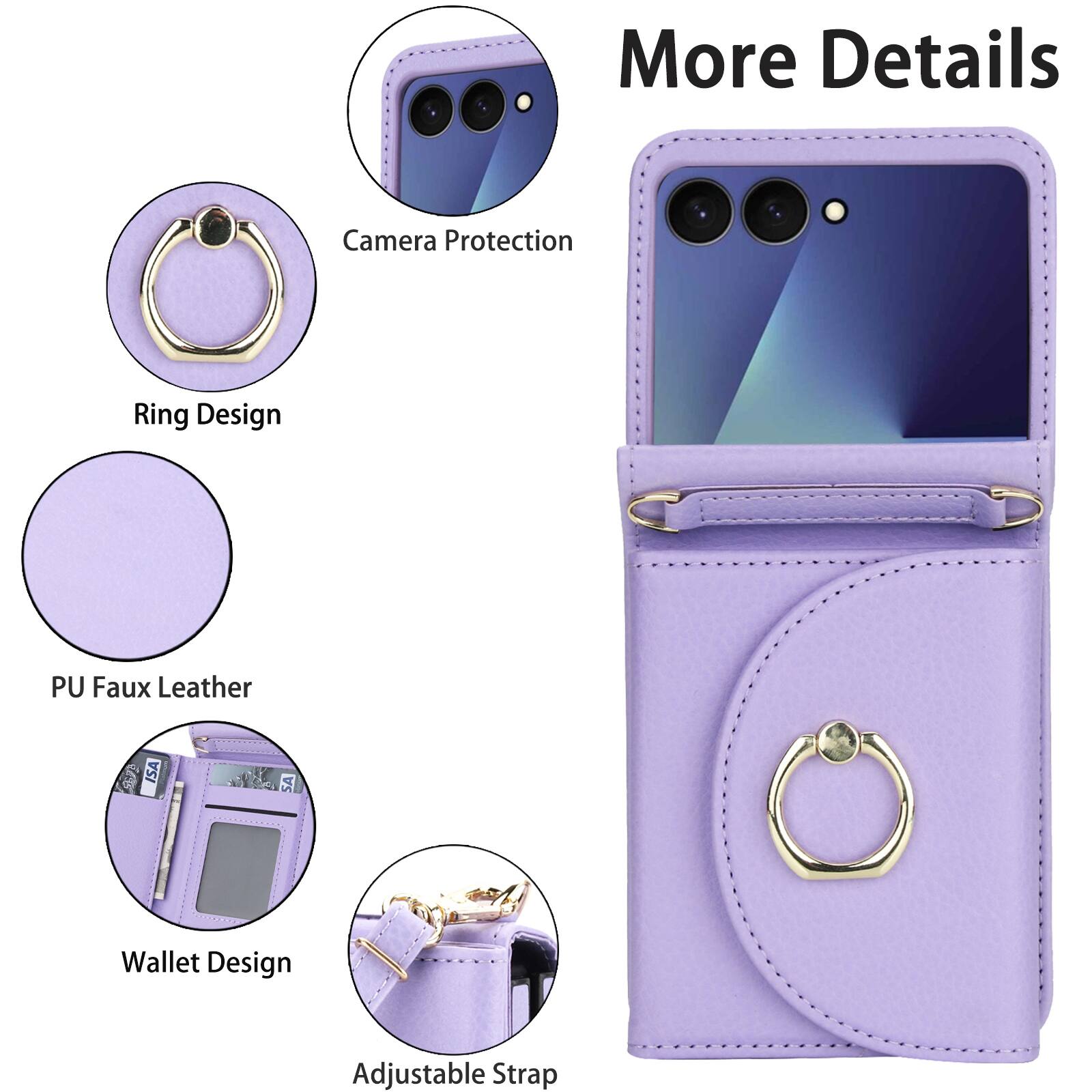 More Details  
Camera Protection  
Ring Design  
PU Faux Leather  
Wallet Design  
Adjustable Strap