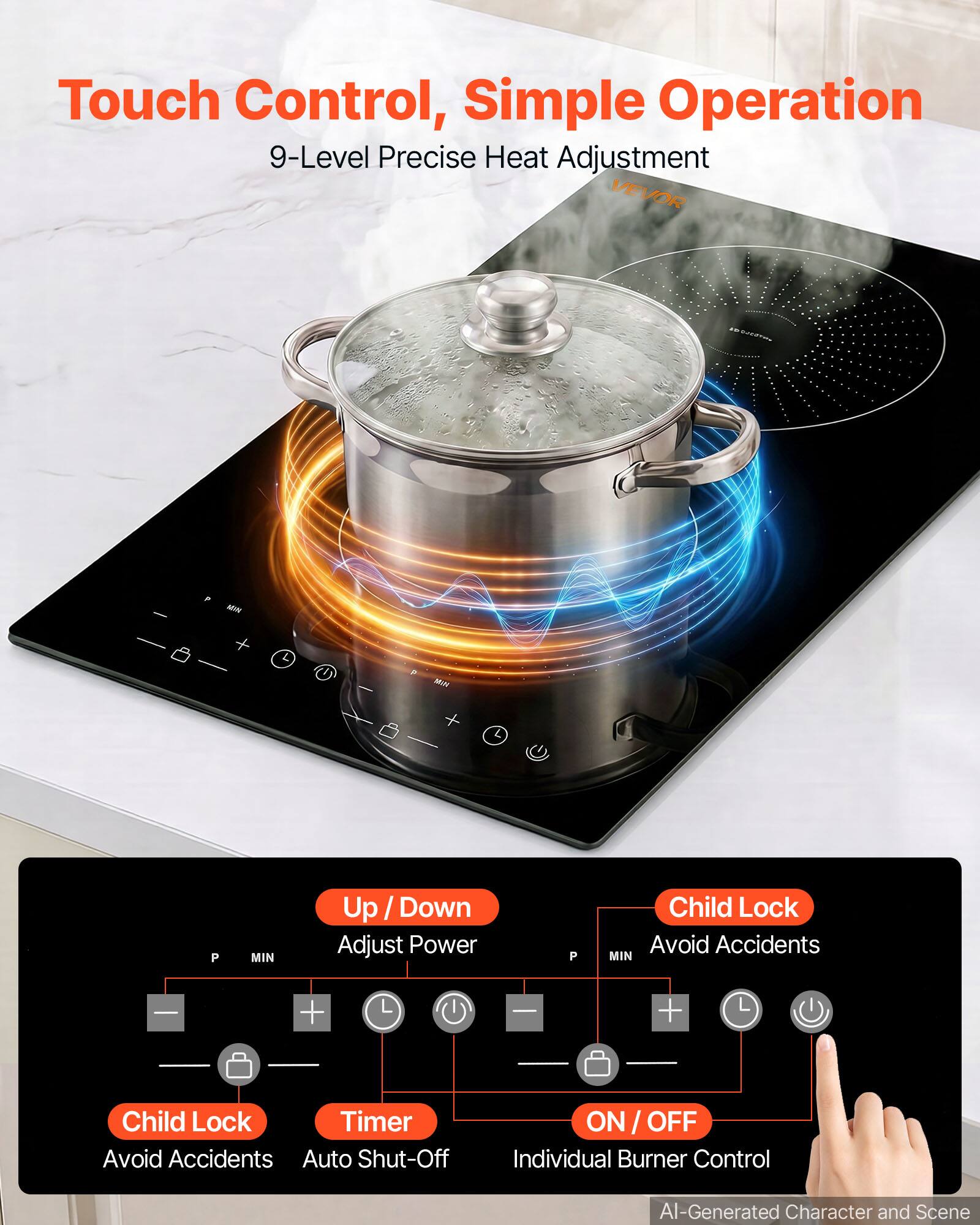 Touch Control, Simple Operation  
9-Level Precise Heat Adjustment  

Up / Down Adjust Power  
Child Lock Avoid Accidents  
Child Lock Timer Avoid Accidents Auto Shut-Off  
ON/OFF Individual Burner Control  

AI-Generated Character and Scene