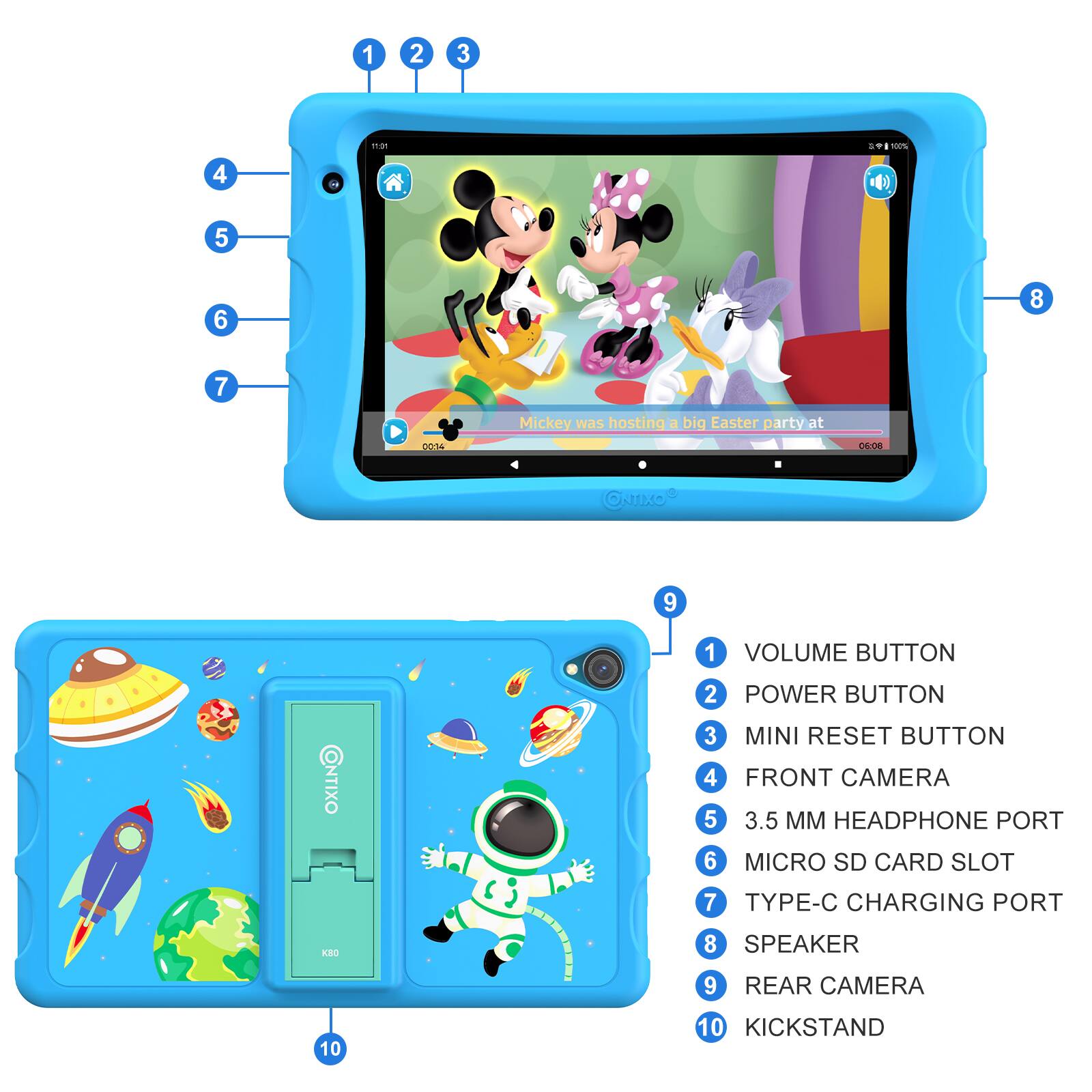 1 VOLUME BUTTON
2 POWER BUTTON
3 MINI RESET BUTTON
4 FRONT CAMERA
5 3.5 MM HEADPHONE PORT
6 MICRO SD CARD SLOT
7 TYPE-C CHARGING PORT
8 SPEAKER
9 REAR CAMERA
10 KICKSTAND

Mickey was hosting a big Easter party at 06:08