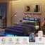The image features a bedroom with a bed, a nightstand, and a remote control. The remote control is described as having 60,000 colors, music and mic adjustment, timer mode, brightness control, and an app control. The bedroom also has a lamp and a clock on the wall.