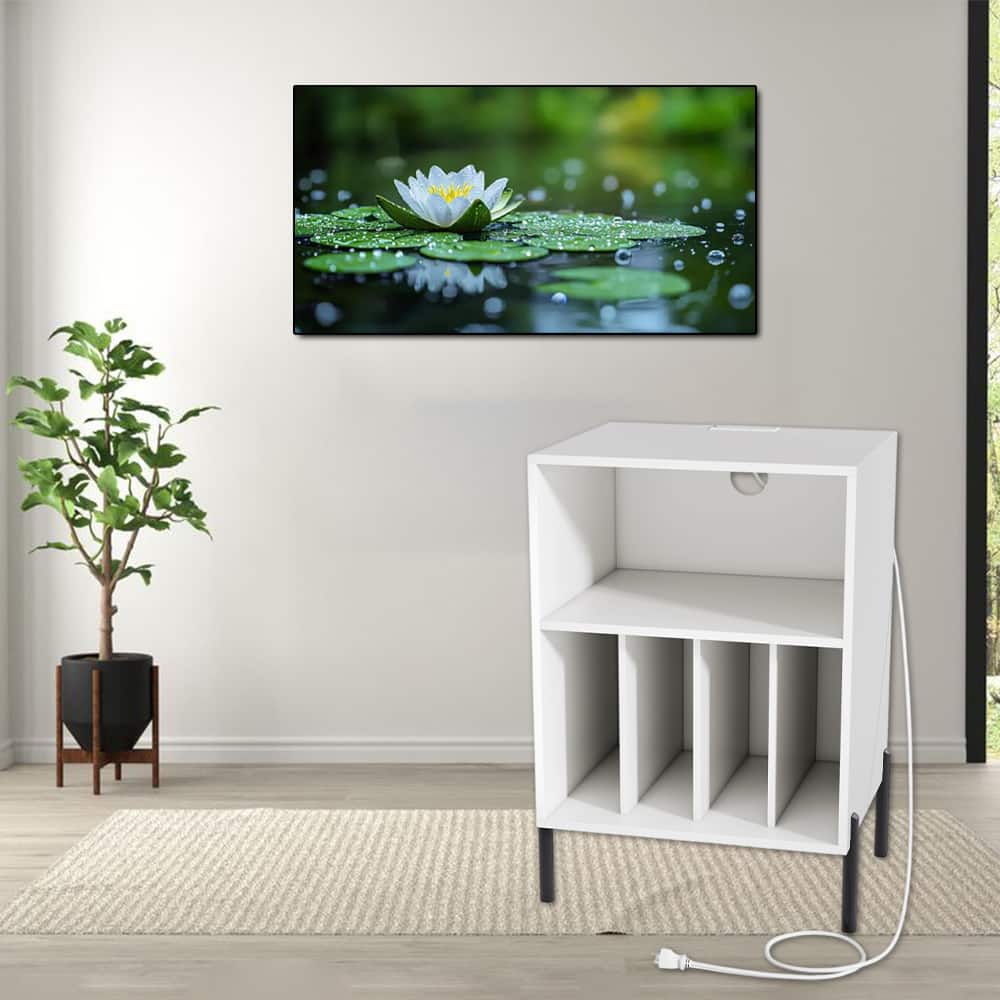 Hivvago - Turntable Stand with Vinyl Record Storage and Built-in Charging Ports - White