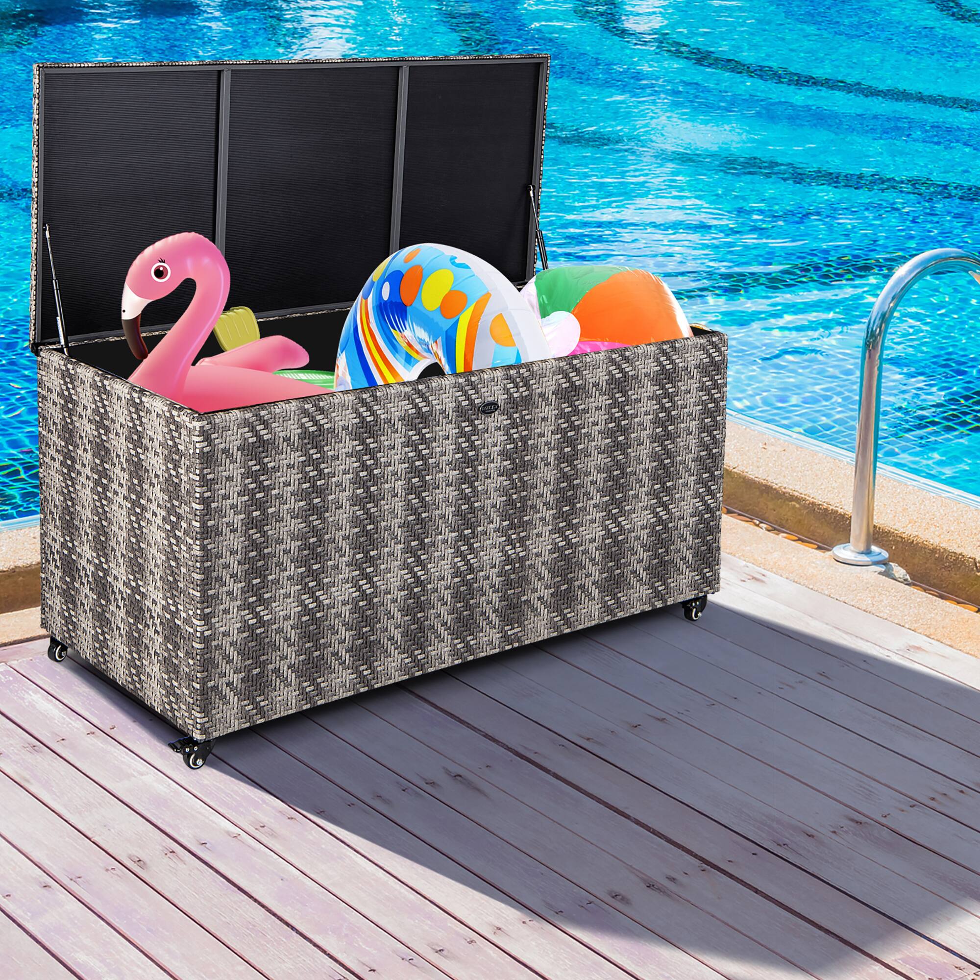 Alt View 3. Gymax - Gymax 2-in-1 PE Wicker Outdoor Storage Box Furniture Deck Box Garden Tools Mix Grey - Mix Grey.