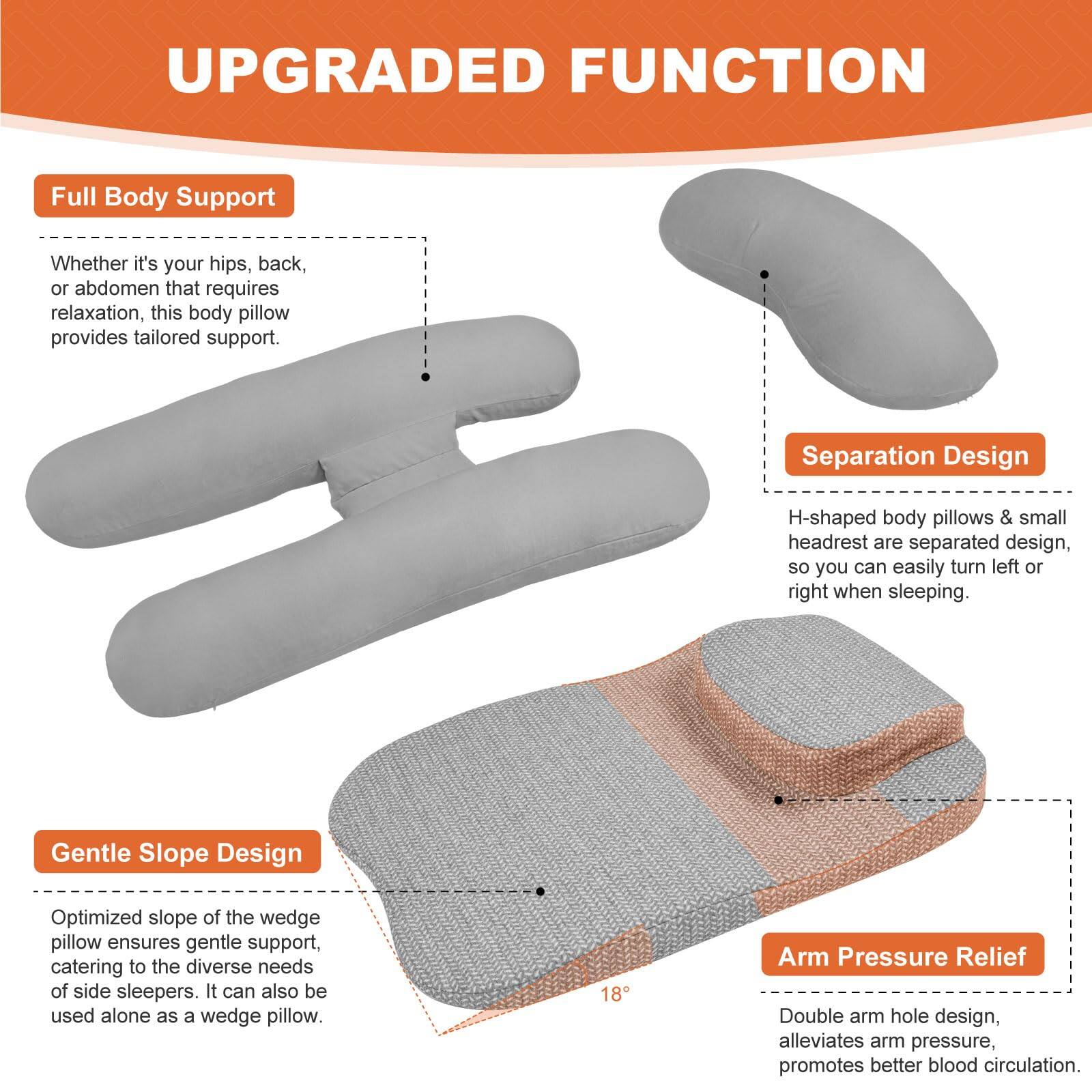 **UPGRADED FUNCTION**

- **Full Body Support**  
  Whether it's your hips, back, or abdomen that requires relaxation, this body pillow provides tailored support.

- **Separation Design**  
  H-shaped body pillows & small headrest are separated design, so you can easily turn left or right when sleeping.

- **Gentle Slope Design**  
  Optimized slope of the wedge pillow ensures gentle support, catering to the diverse needs of side sleepers. It can also be used alone as a wedge pillow.

- **Arm Pressure Relief**  
  Double arm hole design, alleviates arm pressure, promotes better blood circulation.