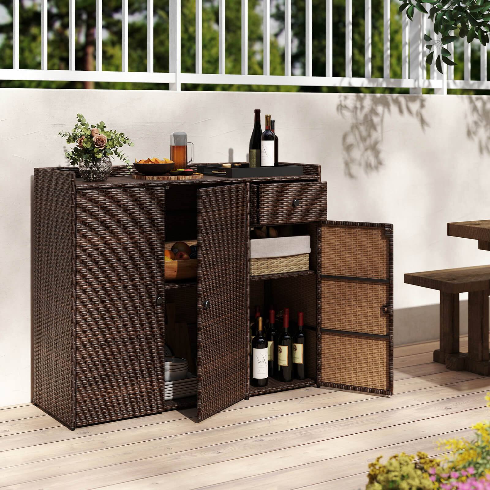 Alt View 3. Costway - Costway Outdoor PE Wicker Storage Cabinet with 3 Doors Adjustable Shelves and Drawer - Brown.