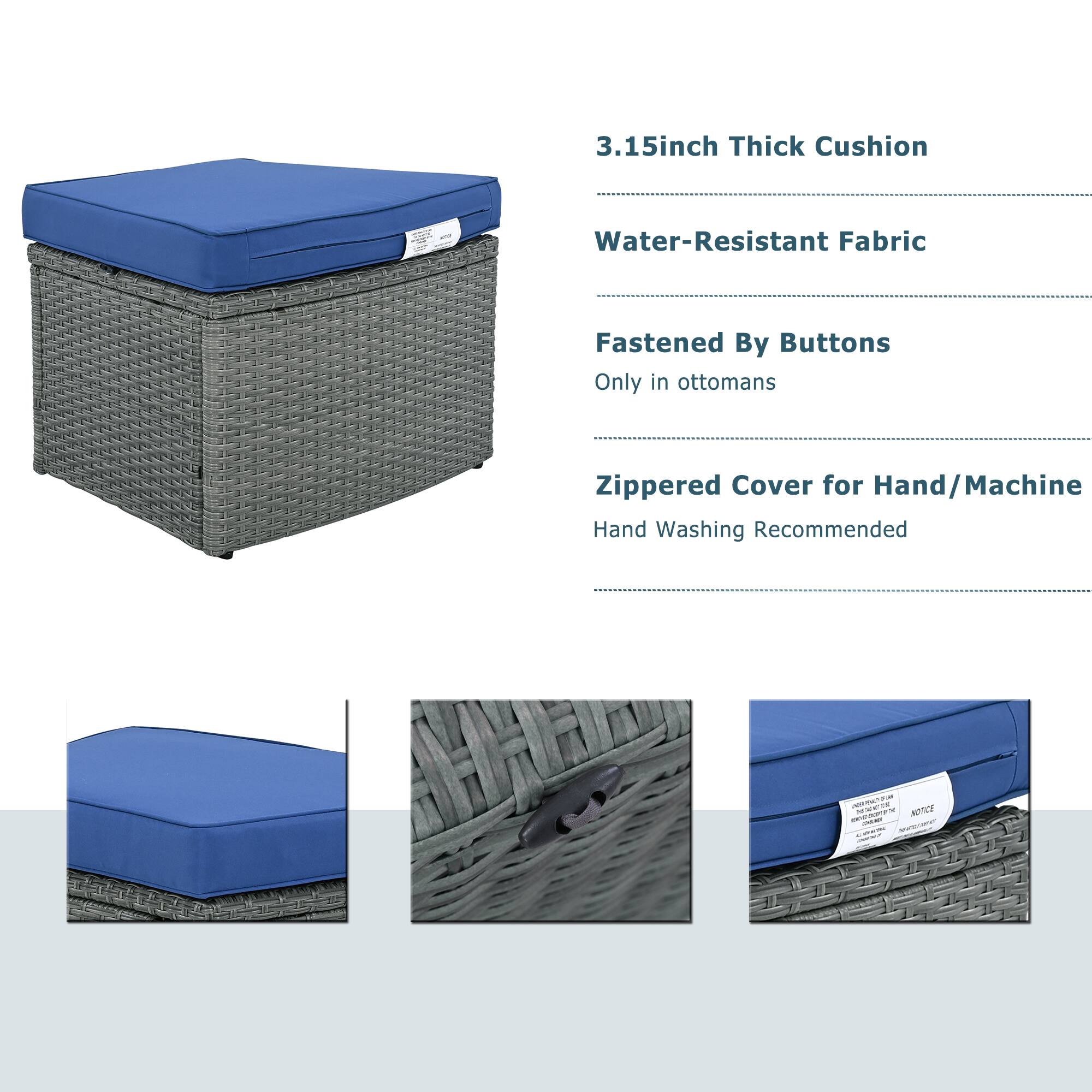 3.15inch Thick Cushion, Water-Resistant Fabric, Fastened By Buttons (Only in ottomans), Zippered Cover for Hand/Machine (Hand Washing Recommended)