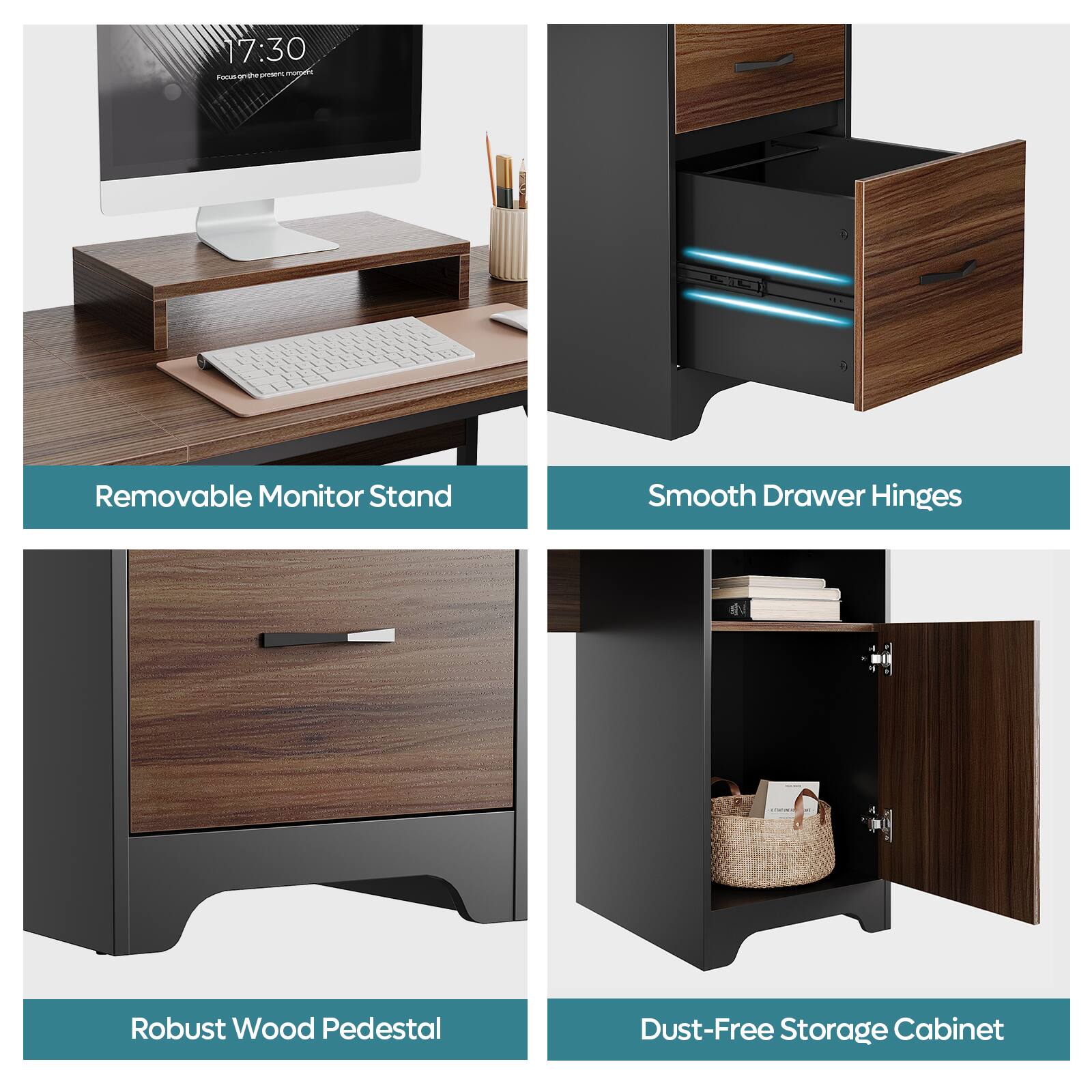 The image shows a series of four different drawers with various features. The first drawer is a Removable Monitor Stand, the second drawer is a Smooth Drawer Hinges, the third drawer is a Robust Wood Pedestal, and the fourth drawer is a Dust-Free Storage Cabinet. The image also features a TV and a keyboard, indicating that this is a workspace setup.