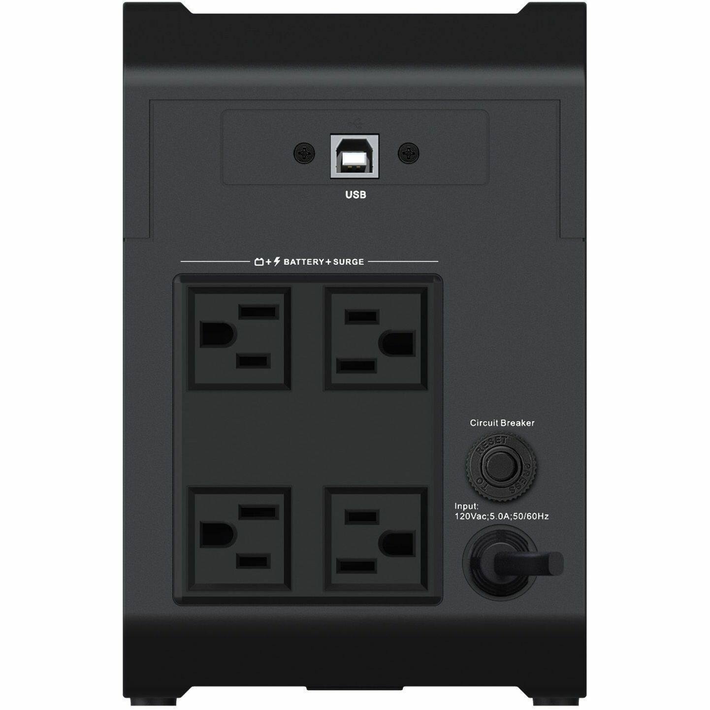 USB  
BATTERY + SURGE  
Circuit Breaker RESET  
Input: 120Vac 5.0A 50/60Hz